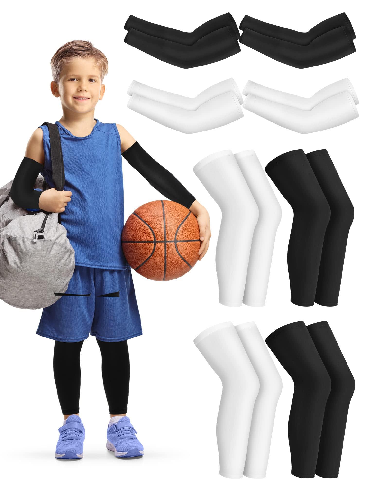 Leitee 8 Pairs Kids Long Compression Leg Sleeves and Compression Arm Sleeves Compression Sleeve Non Slip Leg Wraps for Boys Girls(Black, White)