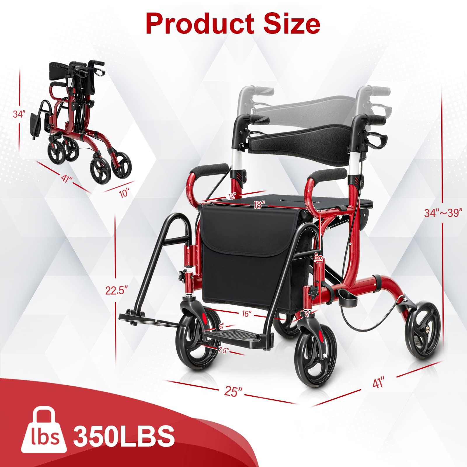 GOFLAME GOFLAME 2-in-1 Rollator Walker for Seniors, Folding Transport Chair with Seat, Reversible Backrest, Storage Bag, Height Adjustable Handle, Umbrella Holder & Pedal, 4 Wheel Mobility Walking Aid, Red