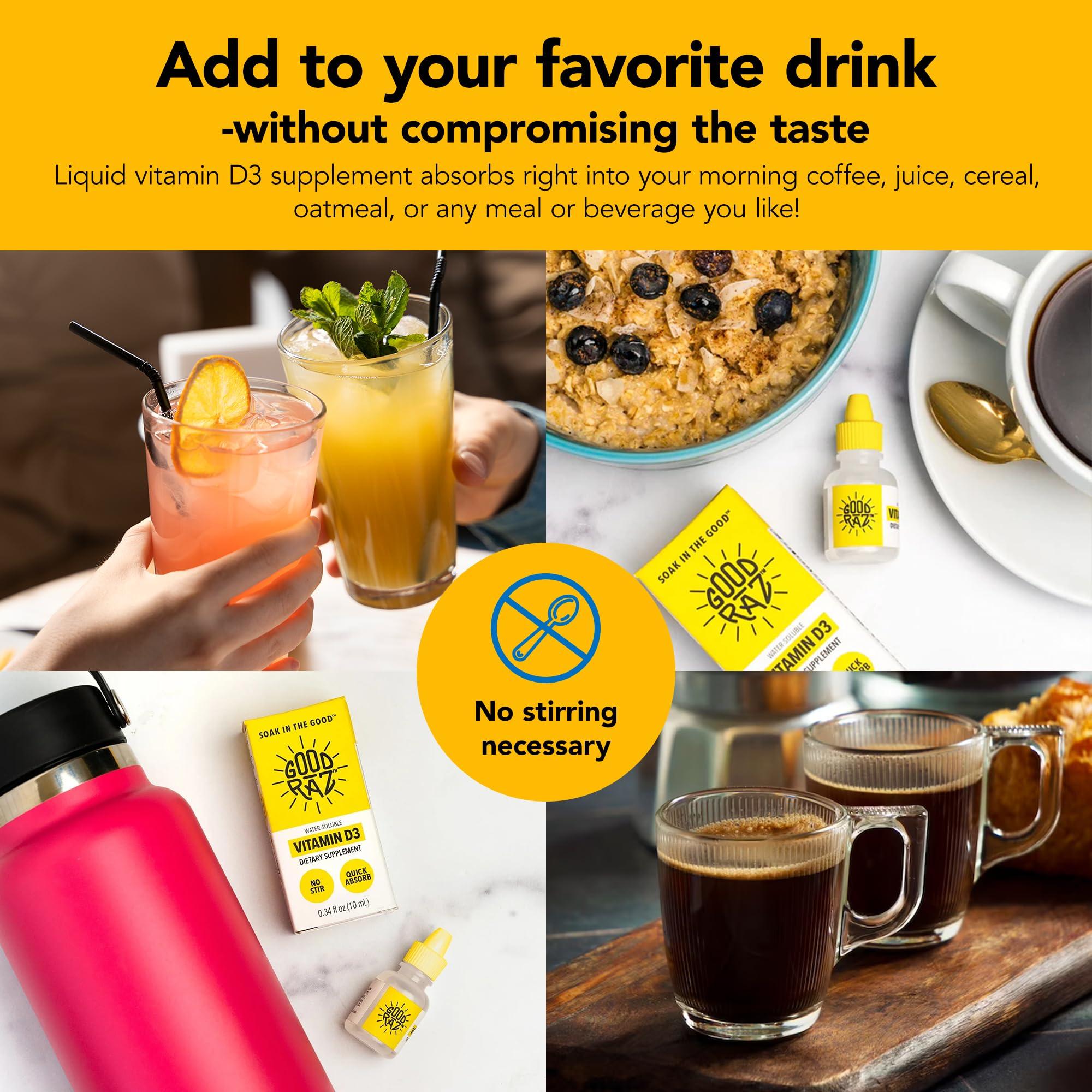 Good Raz Good Raz - Vitamin D Drops Adult - Water-Soluble Liquid D3 Drops - Potent Vitamin D Liquid Drops - No Stir, Non-GMO, Kosher - D3 Liquid to Add to Drink Or Food, Flavorless - 12-Month Supply (3)