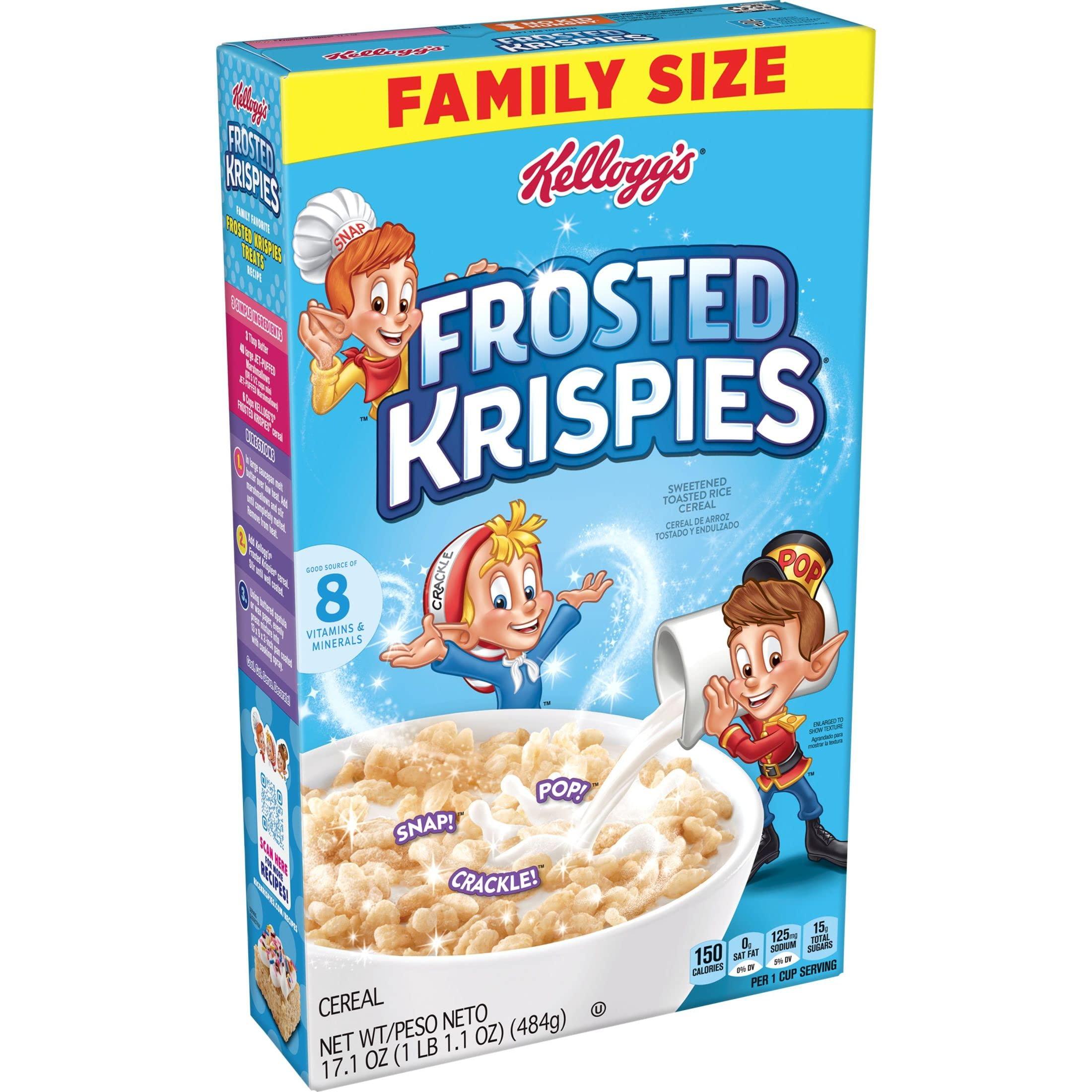Rice Krispies Frosted Krispies Cold Breakfast Cereal, Kids Snacks, Baking Marshmallow Treats, Family Size, Original, 17.1oz Box (1 Box)