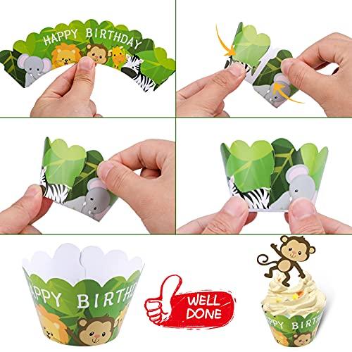 Konsait Konsait Animal Cupcake Wrappers, 6 Designs Jungle Safari Wild Animal Cake Toppers and Wrappers, Farm Animal Cake Decorations for Birthday Baby Shower Zoo Party Back to School Party Favors Supplies
