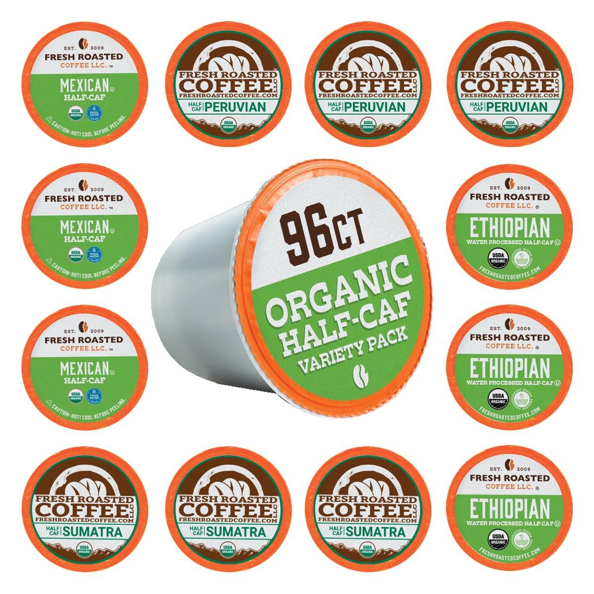 Fresh Roasted Coffee Fresh Roasted Coffee, Organic Half-Caf Variety Pack 96 Pods for K Cup Brewers