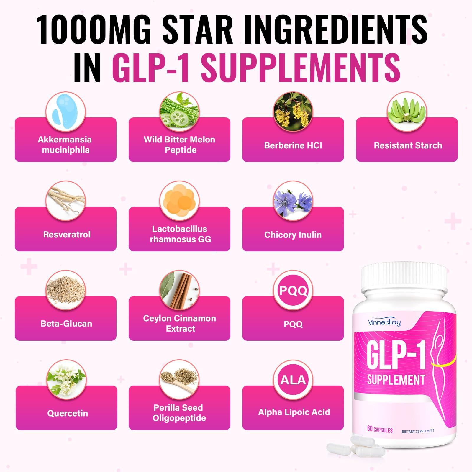 VINNETLLOY GLP-1 Supplement for Women & Men, GLP1 Supplements Women GLP-One Probiotics with Akkermansia Probiotic, Natural GLP1 for Immune, Digestion, Gut, GLP-1 Levels and Overall Health, Vegan - 60 Capsules