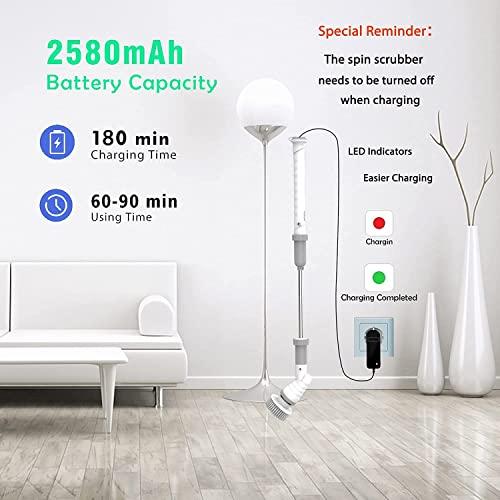 opodee Electric Spin Scrubber, Electric Cleaning Brushes with Extendable Handle and 4 Replaceable Brush Heads, Cordless Spin Scrubber with 1.5 HrsPower Cleaning Brush for Bathroom Floor Tile (White)