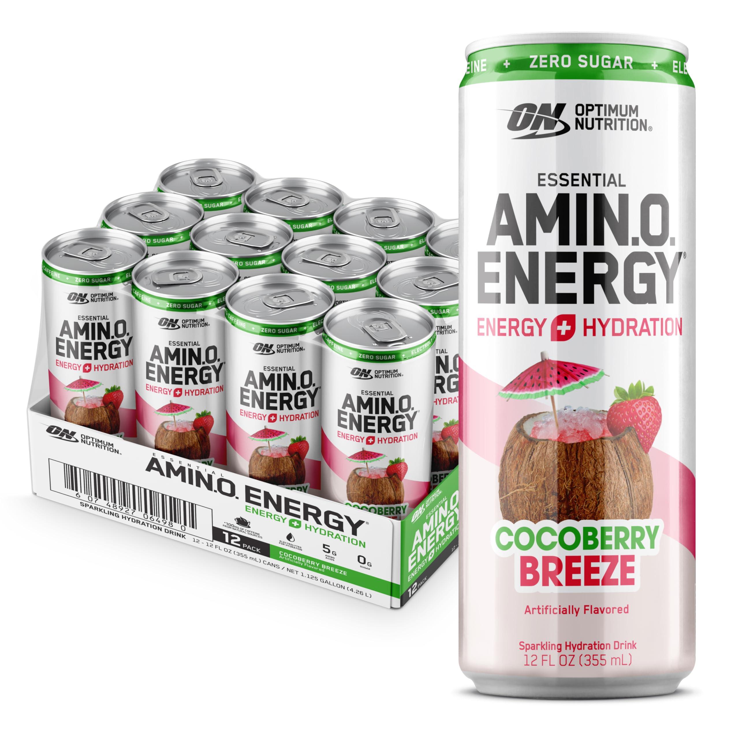 Optimum Nutrition Optimum Nutrition Amino Energy Sparkling Hydration Drink, Electrolytes, Caffeine, Amino Acids, BCAAs, Sugar Free, Cocoberry Breeze, 12 Fl Oz, 12 Pack (Packaging May Vary)