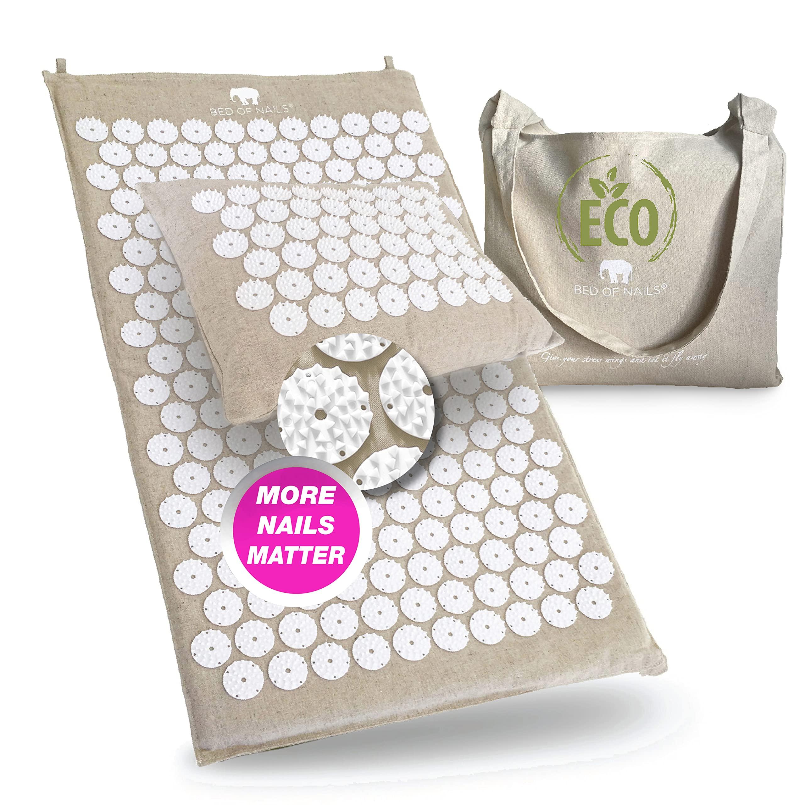 Bed of Nails BED OF NAILS The Comfortable ECO Acupressure Mat Cushion Massage Set - Neck and Back Pain Relief, Acupuncture Mat and Pillow Set for Increased Energy & Relaxation, Linen Tote Bag, FSA/HSA Eligible