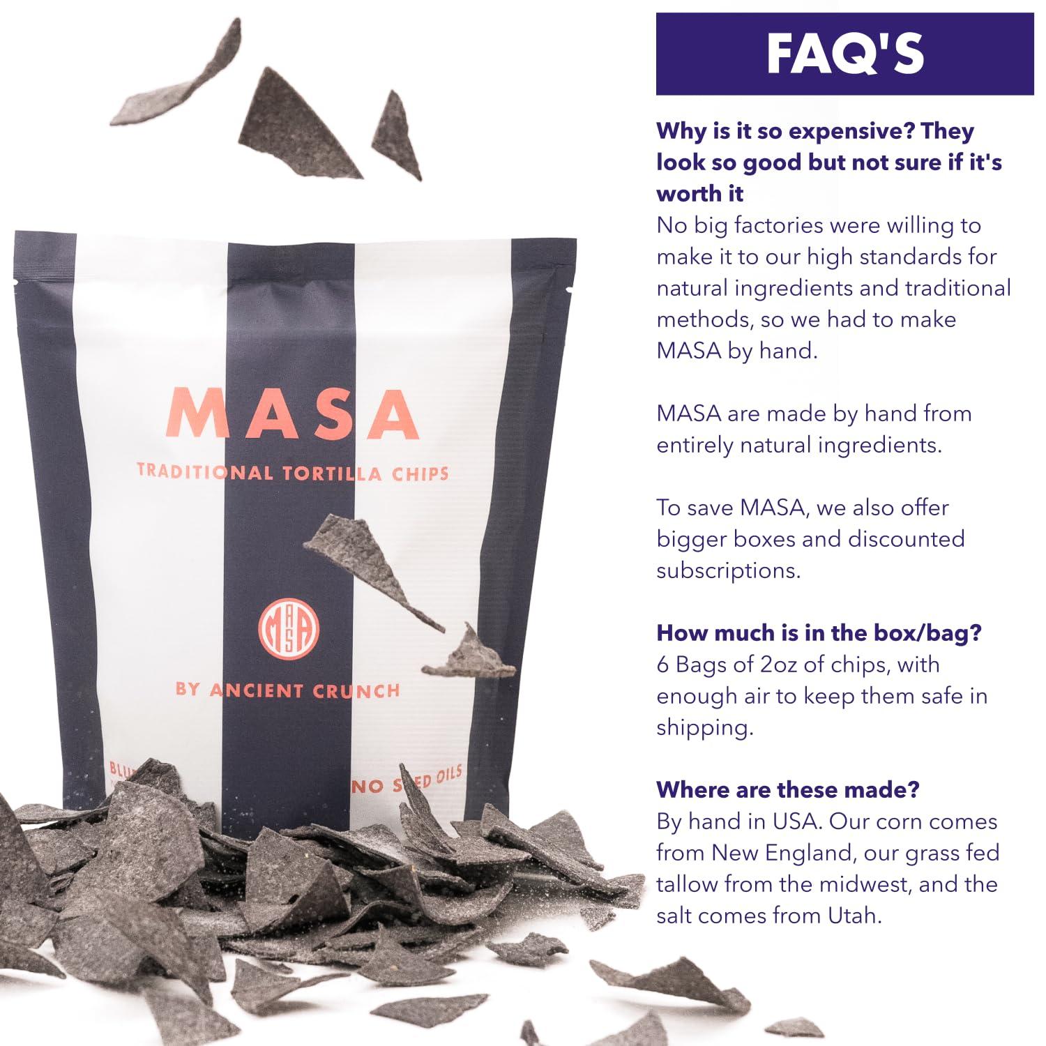 Ancient Crunch MASA Chips Blue Corn Tortilla Chips - Naturally Grown Blue Corn with Grass Fed Tallow and Sea Salt Tortilla Chips - No Seed-Oil Snacks - 6 Pack, 5 Ounce Each