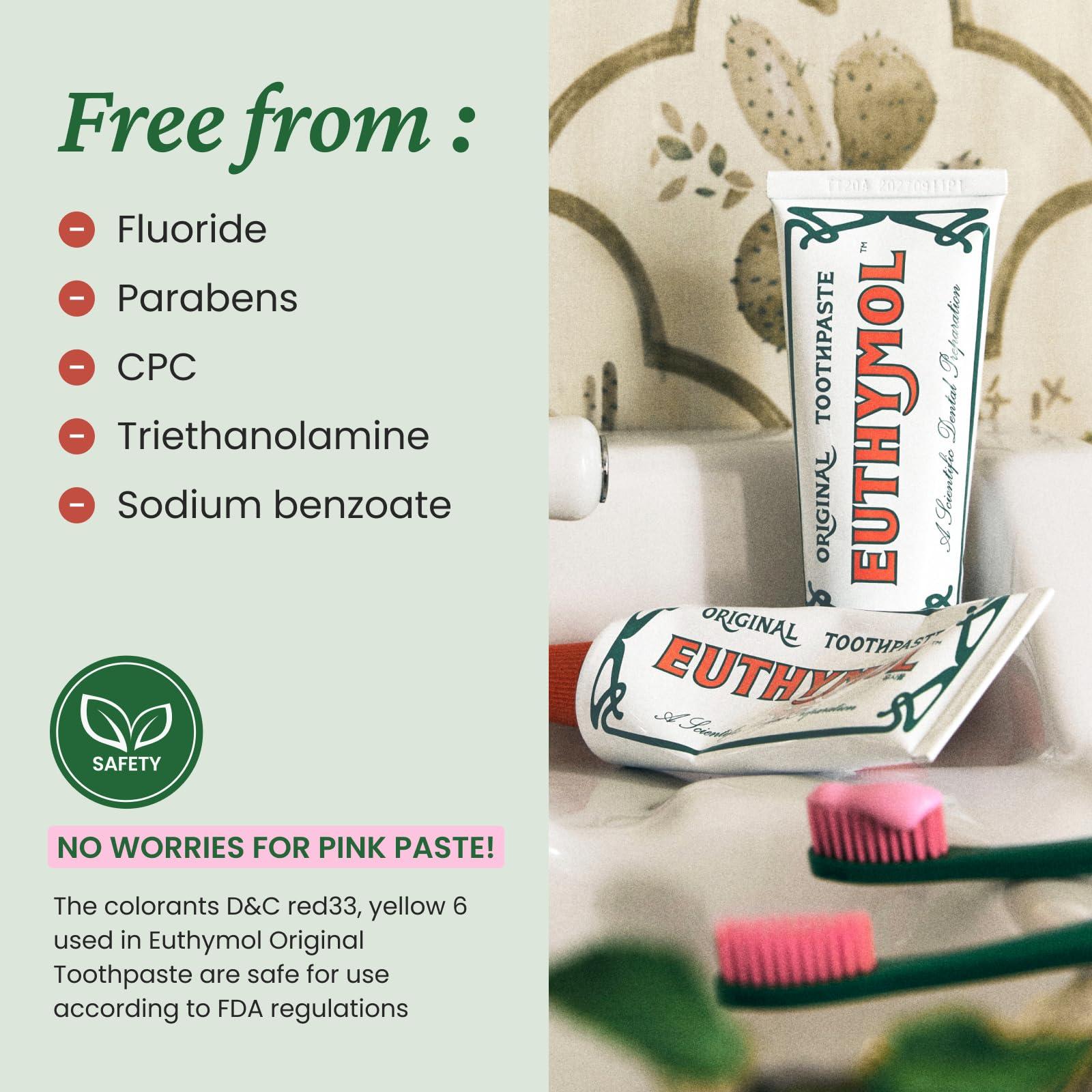 Euthymol EUTHYMOL Original Toothpaste (3.7fl oz, Pack of 5) - Fluoride-Free Toothpaste for Sensitive Teeth & Gum. Bad Breath, Cavity Prevention, 12-Hour Long Lasting Freshness with Wintergreen.