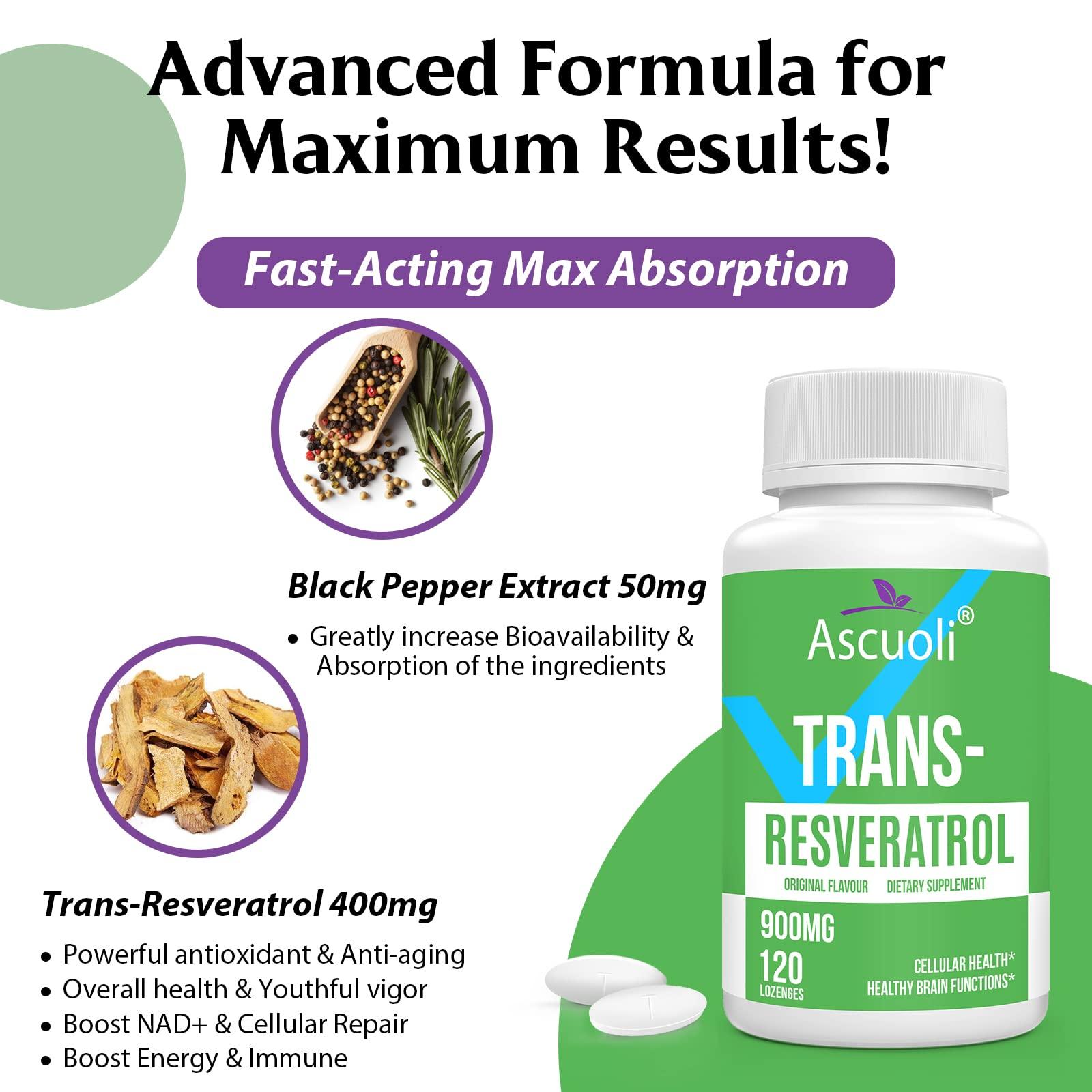 Ascuoli Sublingual Trans-Resveratrol Purity 99%, 3-in-1 Advanced Formula Resveratrol Supplement for Boost NAD+, Immune & Energy Support, Anti-Aging, Skin Health & Antioxidant, 240 Lozenge (240-Day Supply)