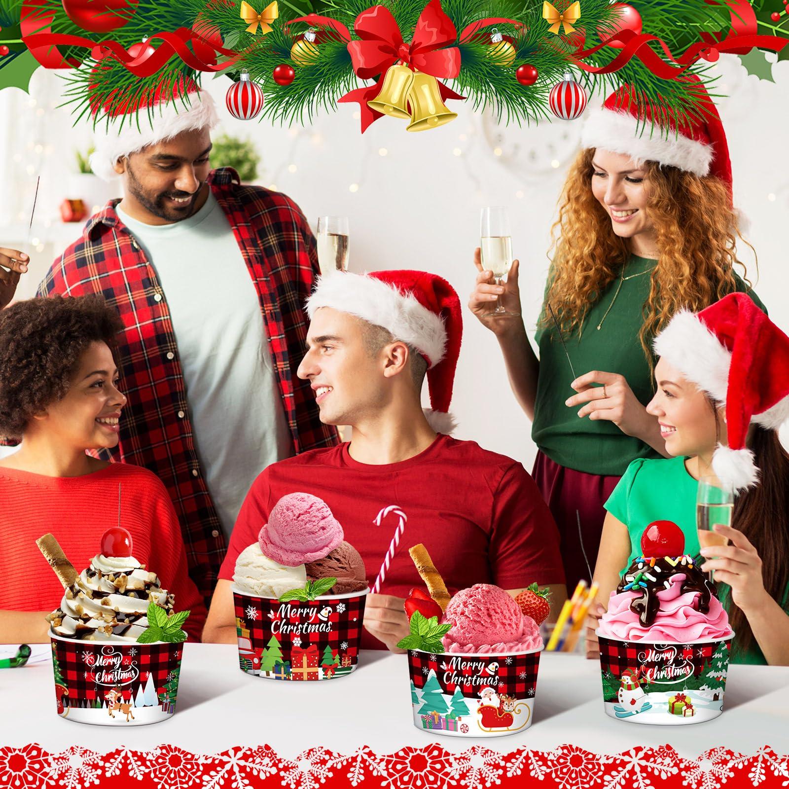 Domensi Domensi 100 Pcs Christmas Treat Snack Cups 12 oz Xmas Themed Paper Treat Food Snack Disposable Paper Bowls Holiday Ice Cream Snack Bowls for Parties Merry Christmas Paper Dessert Cups (Stylish)
