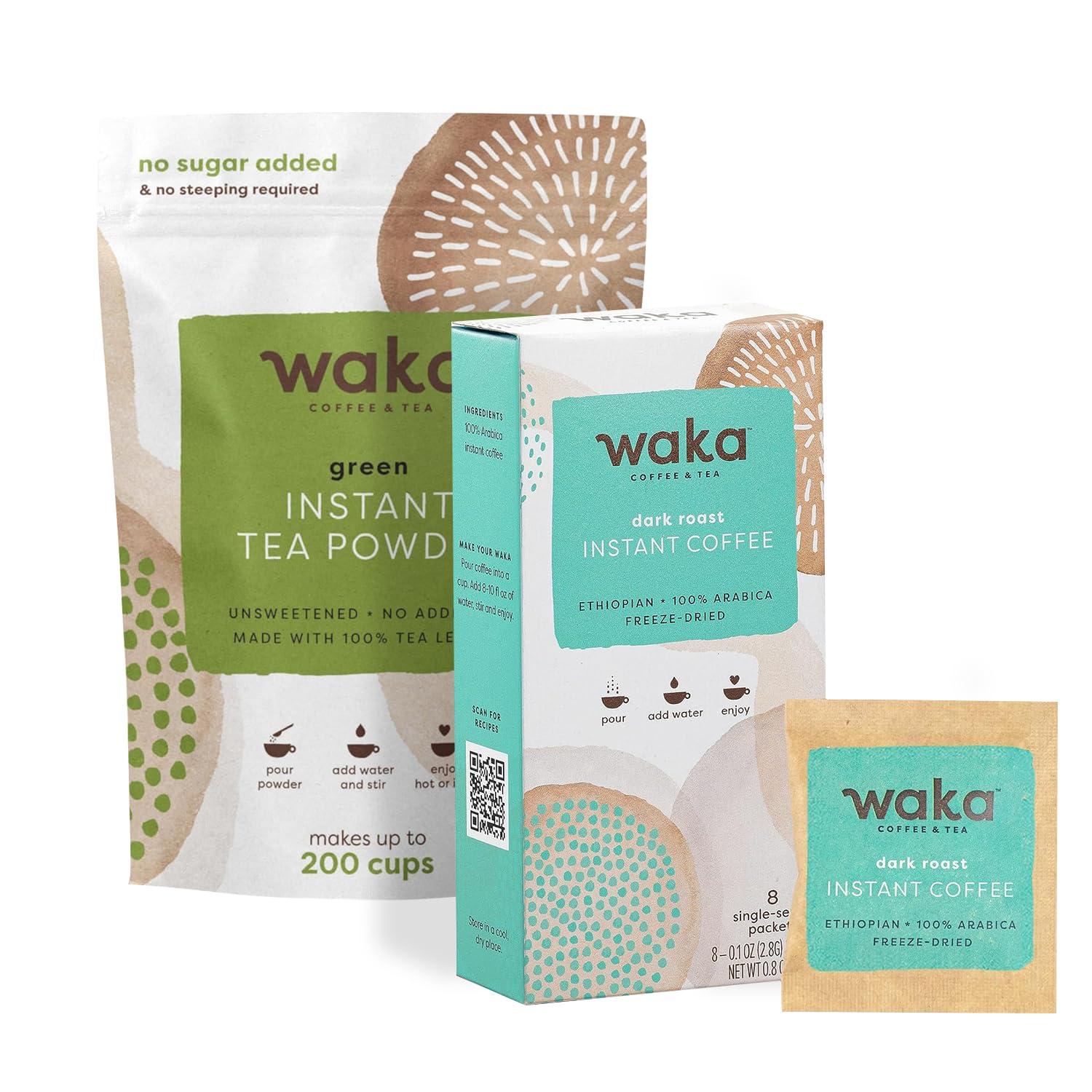 Waka Coffee Waka Premium Instant Dark Roast Coffee (8 Single-Serve Packets) & No Sugar Added Green Tea Powder (200 Cups)
