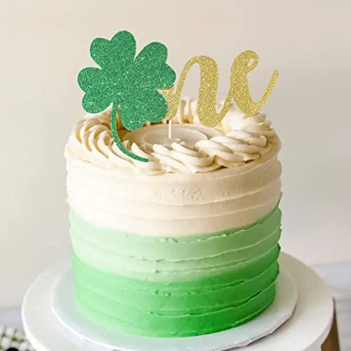 BOOMPA St Patrick’s Day Birthday Cake Topper - Lucky St Paddy’s Day Four Leaf Clover - Irish Themed Cake Decorations - Lucky 1st Happy Birthday For Gold Cake Flag - Best Photo Booth Props (ONE)