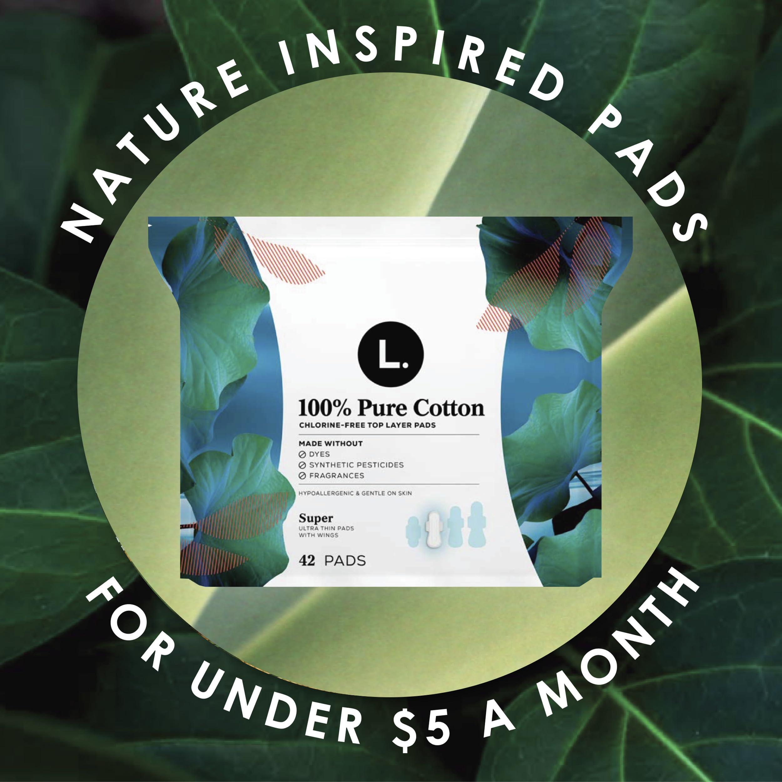 L. L. Ultra Thin Pads for Women, Super Absorbency, 100% Pure Cotton Top Layer, Unscented Pads with Wings, 56 Count Total