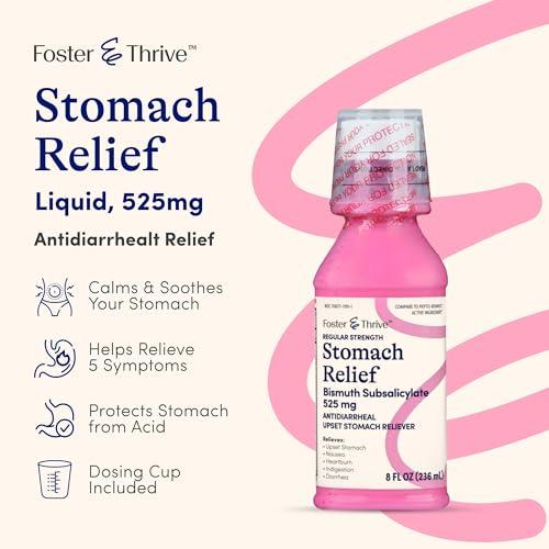 Foster & Thrive Foster & Thrive Stomach Relief Liquid for Nausea, Heartburn, Indigestion, Upset Stomach, Diarrhea - Fast Relief for 5 Symptoms, Antidiarrheal, Bismuth Subsalicylate 525 mg, Original, 8 oz (Pack of 3)
