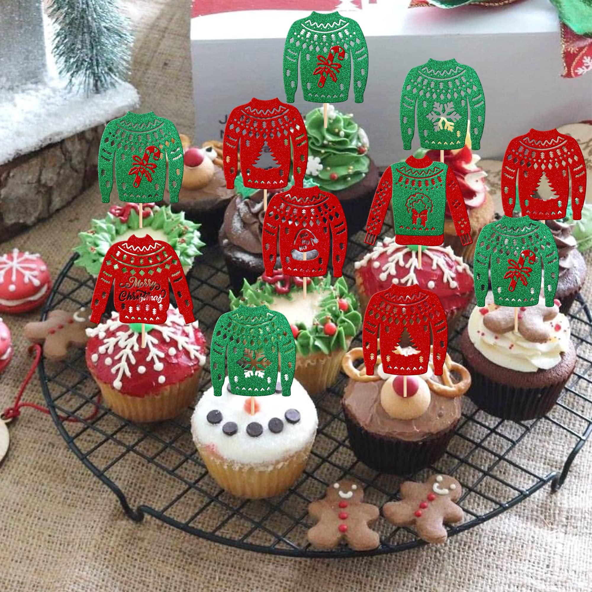 ZHUOWEISM 36 PCS Christmas Ugly Sweater Cupcake Toppers Green Red Glitter Santa Claus Gifts Christmas Tree Deer Snowflake Cupcake Picks for Merry Christmas Theme Holiday Party Cake Decorations Supplies