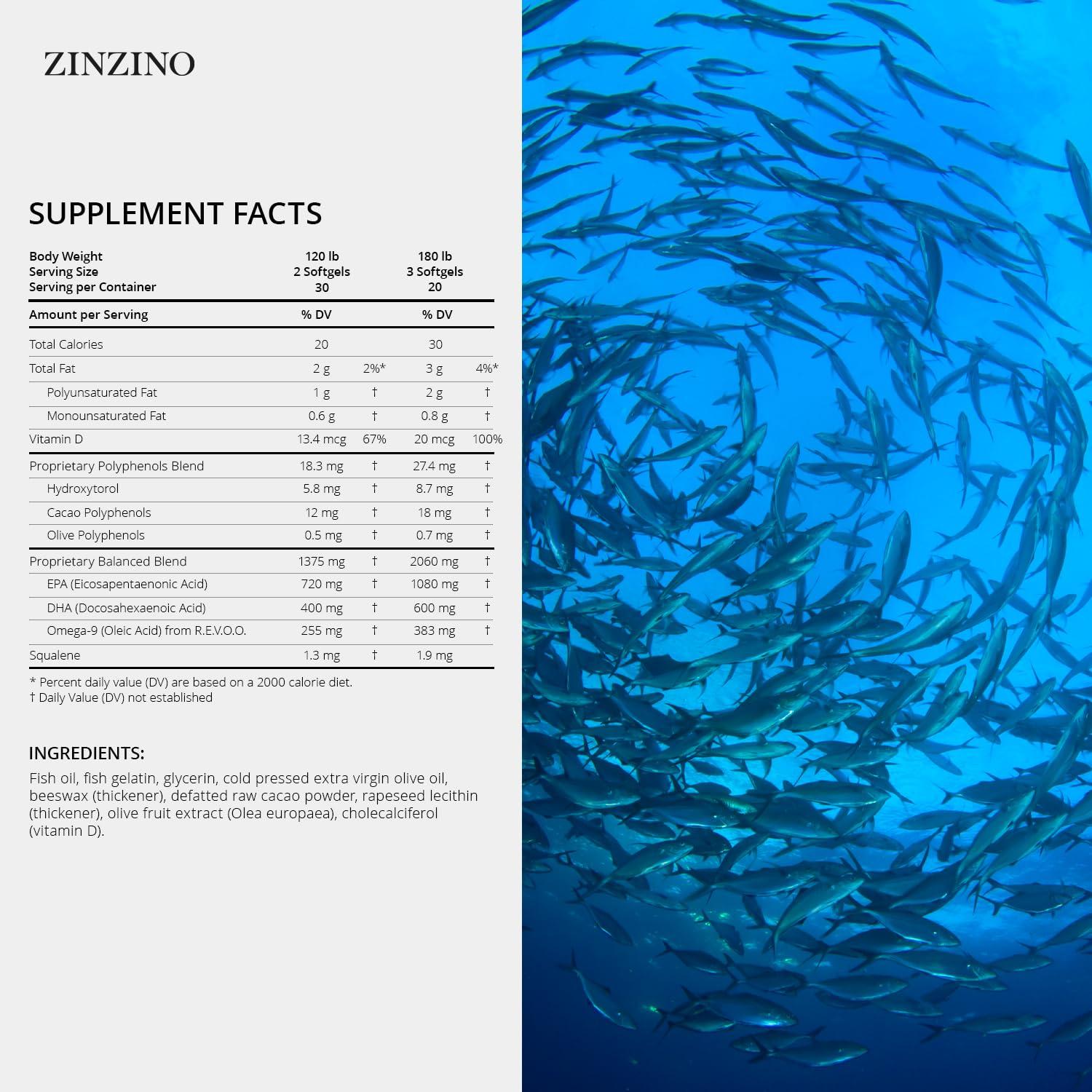 ZINZINO Zinzino - Essent+ Premium, Advanced Polyphenol Omega Balance with Fish Oil, Glycerin, Cold-Pressed Extra Virgin Olive Oil, Vitamin D - 60 Softgels