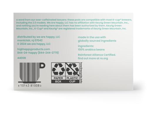 We Are Happy, LLC happy coffee light roast coffee pods, 22 count, notes of toasted biscotti and levity, compatible with most K-cup brewers, rainforest alliance certified