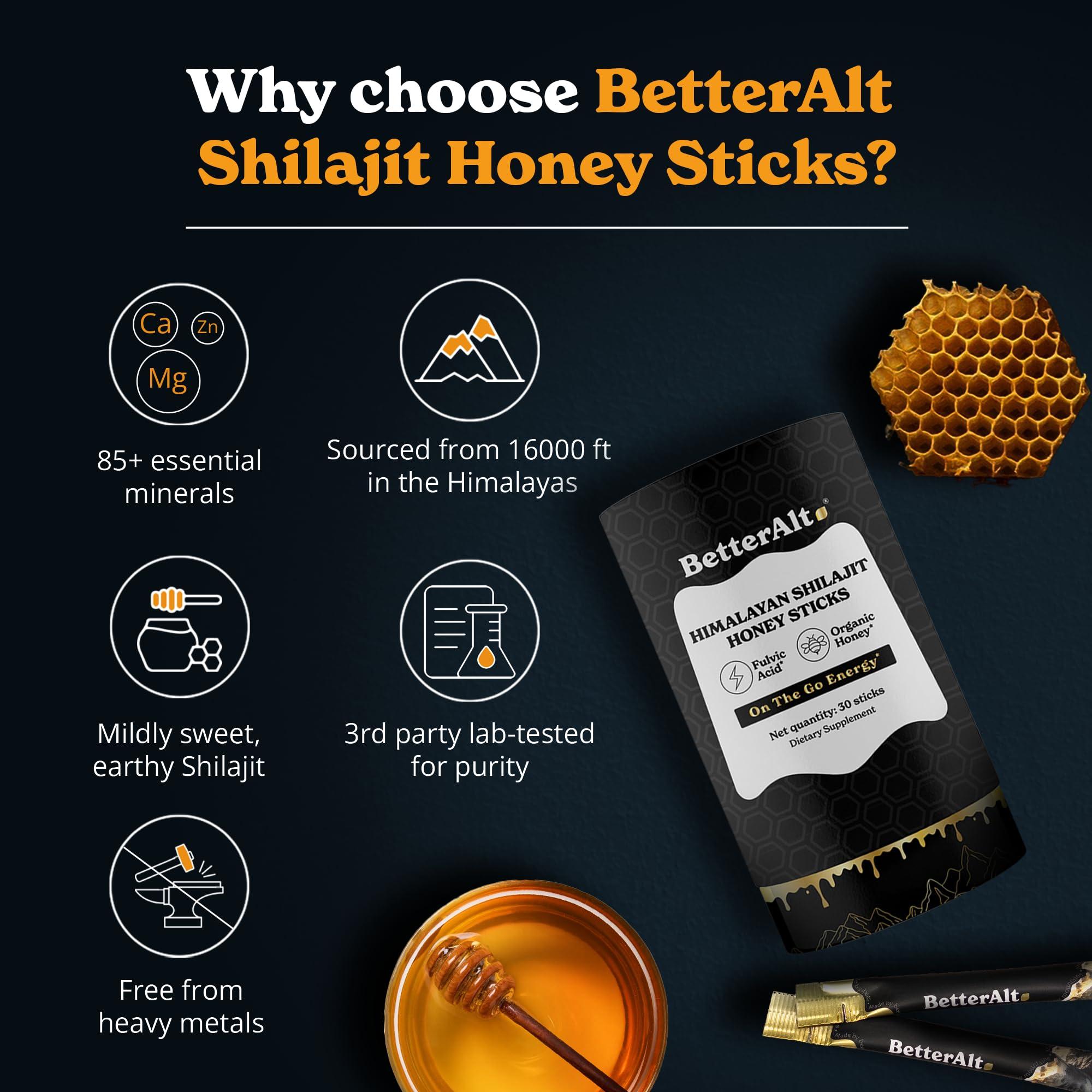 Better Alt Better Alt Pure Himalayan Shilajit Sticks with Organic Honey, Saffron | Easy to Consume Shilajit| 30 Sticks for Energy Boost & Immune Support, 85+ Trace Minerals, 75%+ Fulvic Acid
