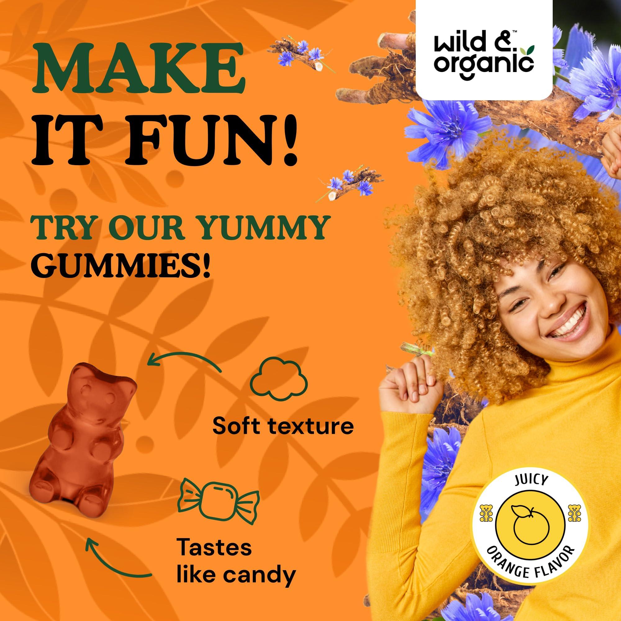 Wild & Organic Inulin Fiber Gummies 4000mg - Digestive Health w/Organic Chicory Root Inulin - Soluble Fiber Supplement w/Chicory Root Inulin Powder - Prebiotics Inulin for Gut Health - 60 Prebiotic Fiber Gummies