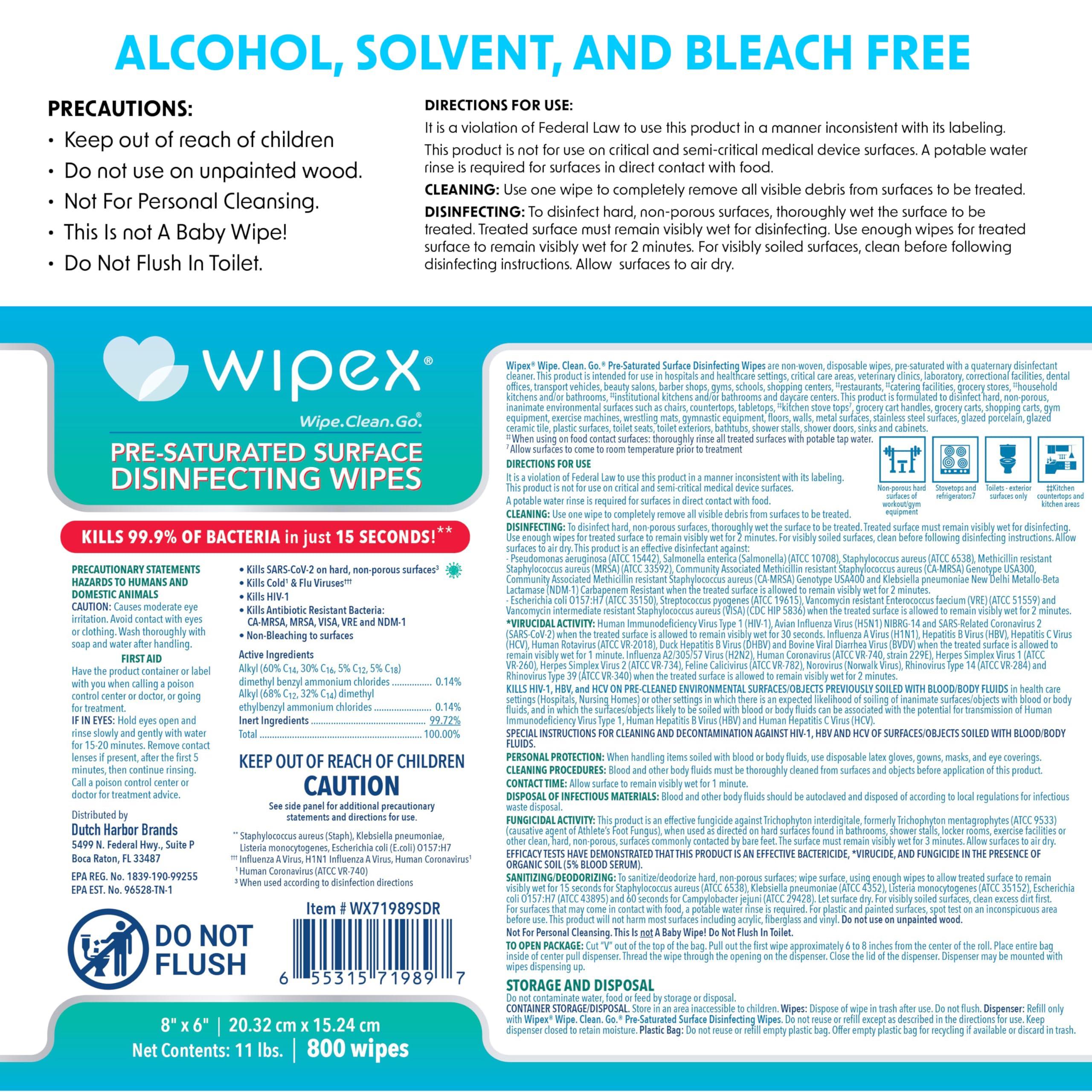 Wipex Wipex Gym Wipes Antibacterial Refills - EPA Registered Bulk Size Disinfecting Cleaning Wipes for Dispensers, Safely Kill Viruses and Bacteria in 15 Seconds, Sanitize Fitness & Gym Equipment 800 Count