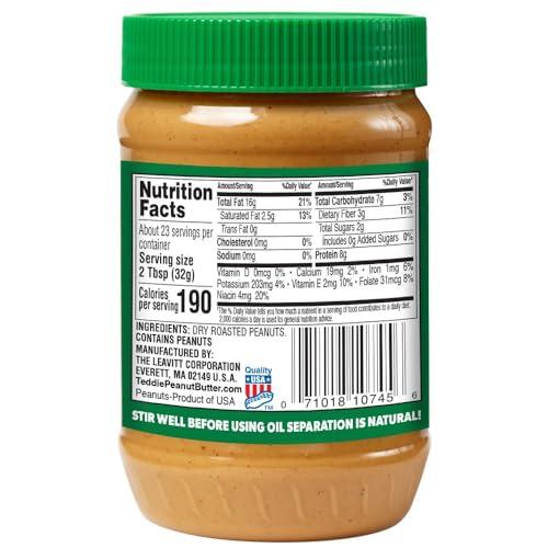 Teddie Teddie All Natural Peanut Butter, Gluten Free & Vegan, 26 Ounce Plastic Jar (26 Ounce (Pack of 1), Smooth Unsalted)
