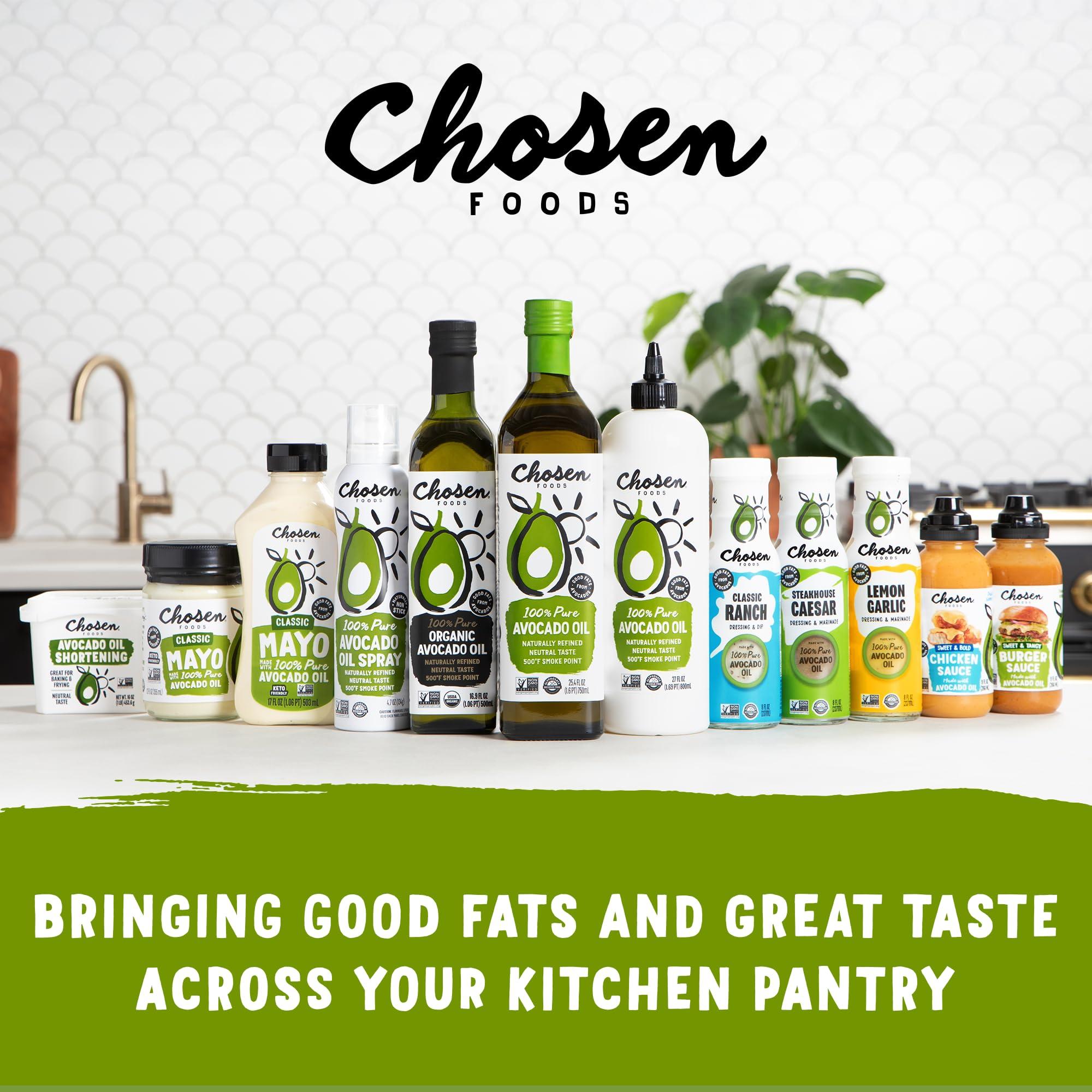 Chosen Foods Chosen Foods 100% Avocado Oil-Based Classic Mayonnaise, Gluten & Dairy Free, Low-Carb, Keto & Paleo Diet Friendly, Mayo for Sandwiches, Dressings and Sauces, Made with Cage Free Eggs (12 fl oz)