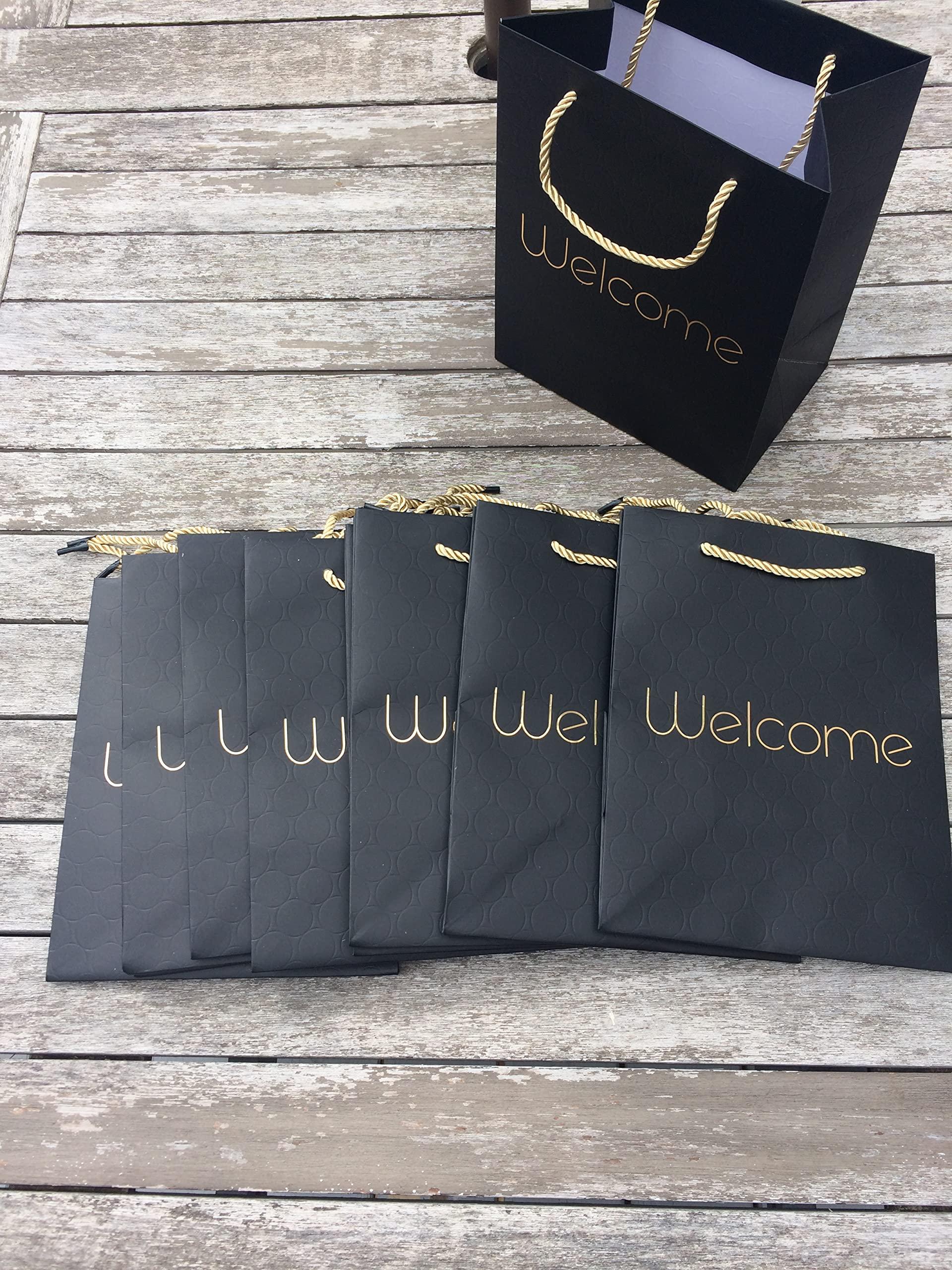 MODEENI MODEENI 50 Black Wedding Welcome Gift Bags with Handles Modern Gold Foil Medium Paper Luxury Shopping 8x5x10 Premium Paper Bags Quality Matte Modern Embossed Party Event Business For Hotel Guests (50