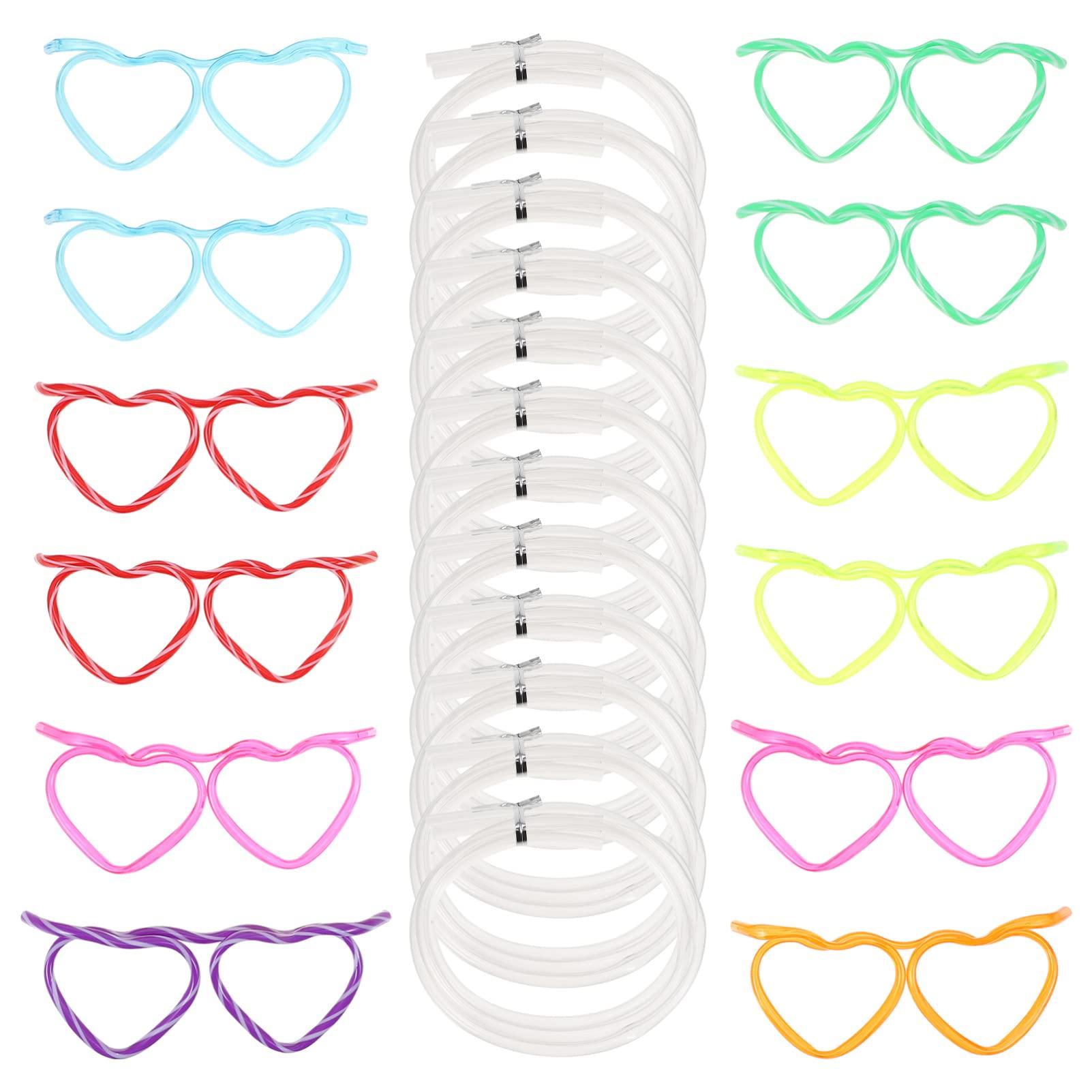 EXCEART Drinking Straws Glasses- Shaped 12Pcs DIY Heart Glasses Plastic Silly Straw Eyeglasses for 7 Colors