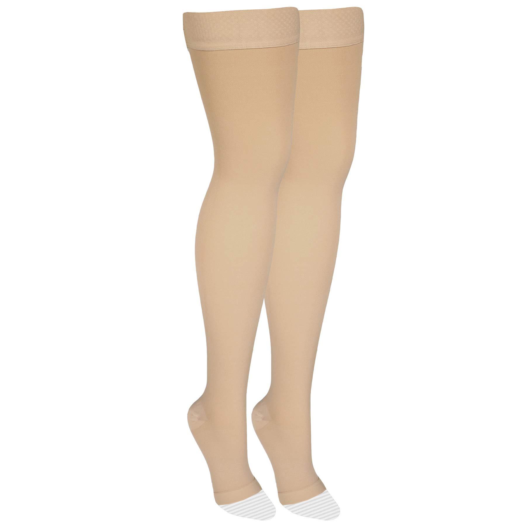 Amazon Basic Care Amazon Basic Care Medical Compression Stockings, 20-30 mmHg Support, Women & Men Thigh Length Hose, Open Toe, Beige, Large (Previously NuVein)