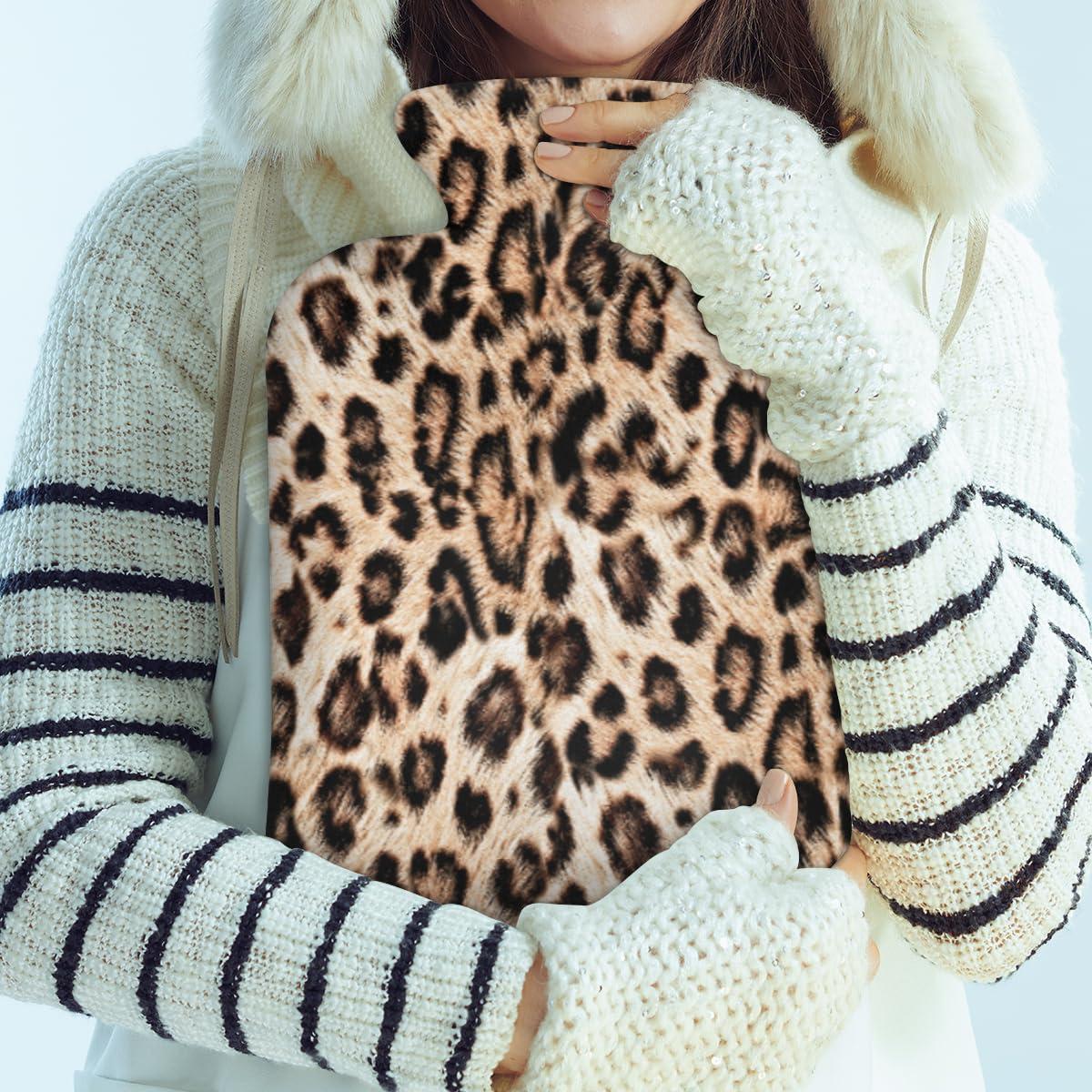 POFATO Leopard Print Fur Pattern Hot Water Bottle with Cover for Pain Relief Cramps, 2L Rubber Warm Hot Water Bags for Bed Hand Feet Belly Warmer, Hot or Cold Compress Water Bottle