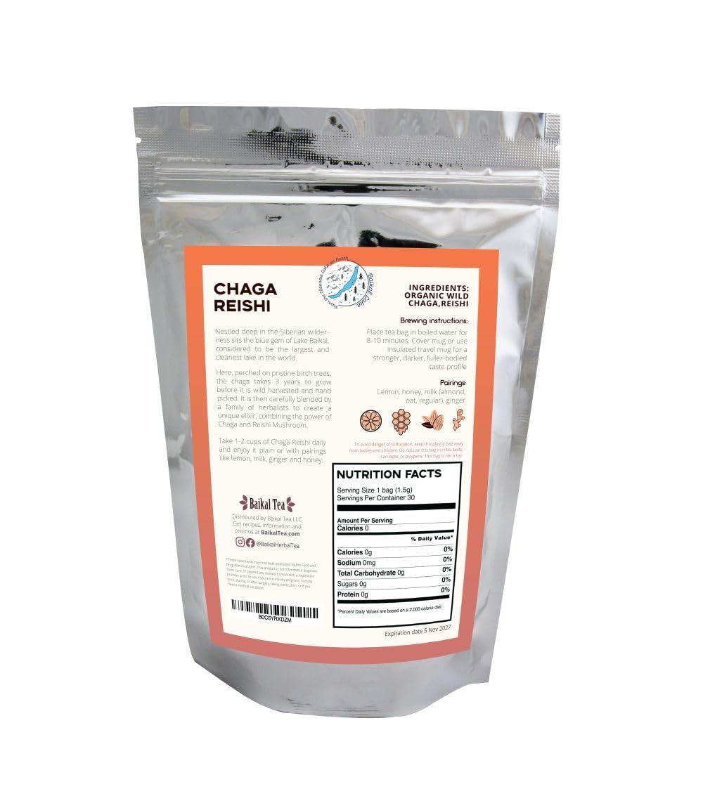 Baikal Tea Baikal Tea Chaga Reishi Tea Wild Chaga Tea with Reishi - 30 Unbleached Tea Bags - Ganoderma Lingzhi Mushroom Supplement Tea with Wild Chaga