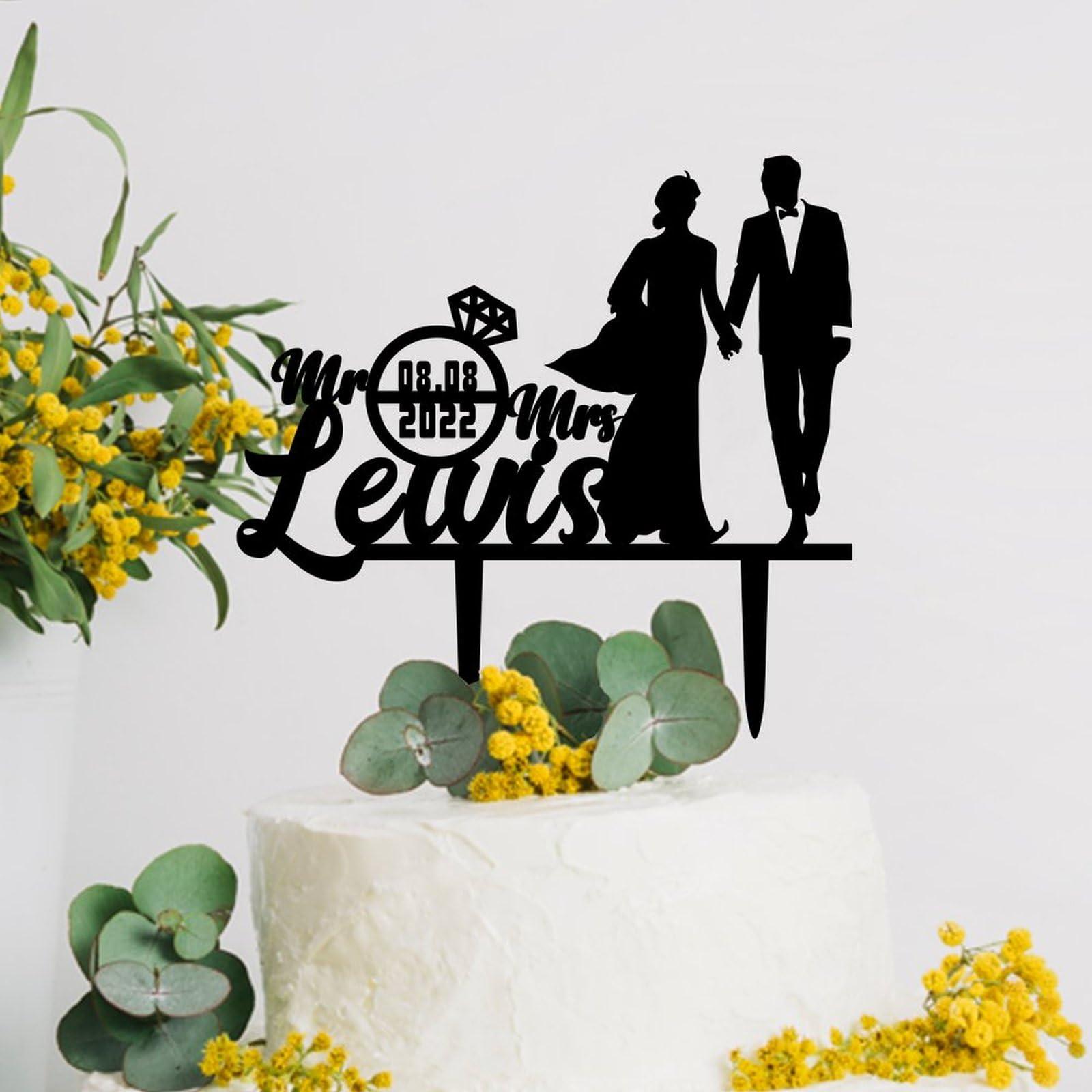 UanMere Personalized Wedding Cake Topper, Acrylic Cake Toppers, Bride And Groom Customized Last Name And Date Mr Mrs, Rustic Cake Toppers for Cake Bridal Shower
