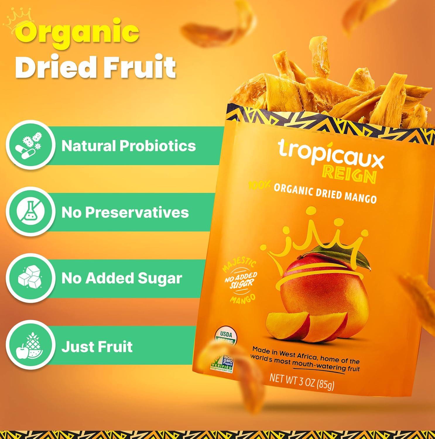 Tropicaux Reign Organic Dried Mango No Sugar Added, 3oz, Pack of 2 (6oz Total) - Delicious and Nutritious Non-GMO Dried Mangoes - No Preservatives or Chemicals - Perfect Snack for Kids & Adults by Tropicaux Reign