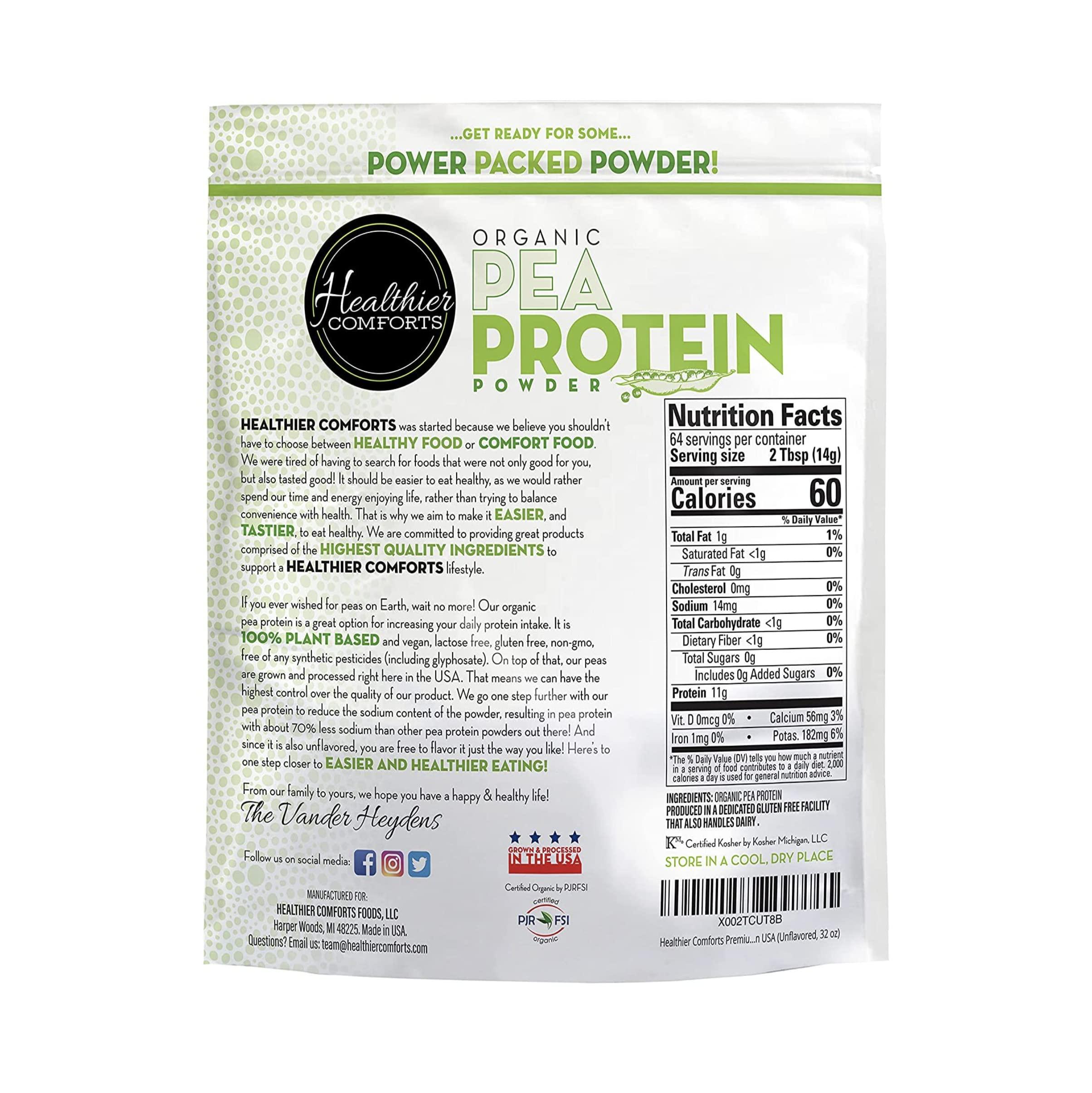 Healthier Comforts Healthier Comforts Pea Vegan Protein Powder w/Low Sodium | 100% Plant Based Protein Powder | Kosher, Gluten Free, Non-GMO, Keto Friendly, Organic Protein Powder | Unflavored Protein Powder 32oz