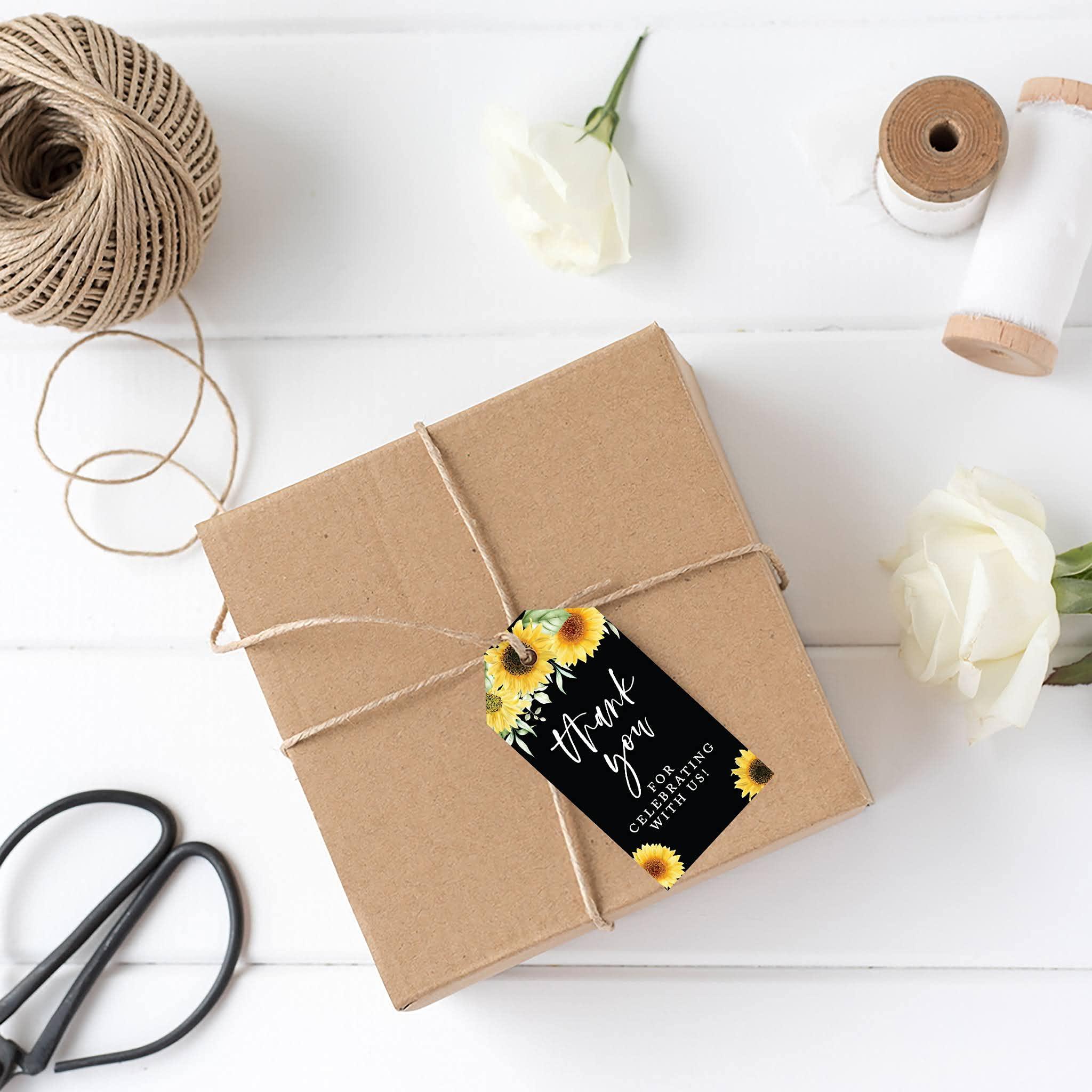 Andaz Press Andaz Press 100-Pack Thank You for Celebrating with Us Favor Tags Sunflowers Black Background Cardstock Gift Tags with Bakers Twine for Wedding Baby Shower Bridal Shower Party Favors 2 x 3.75-Inches