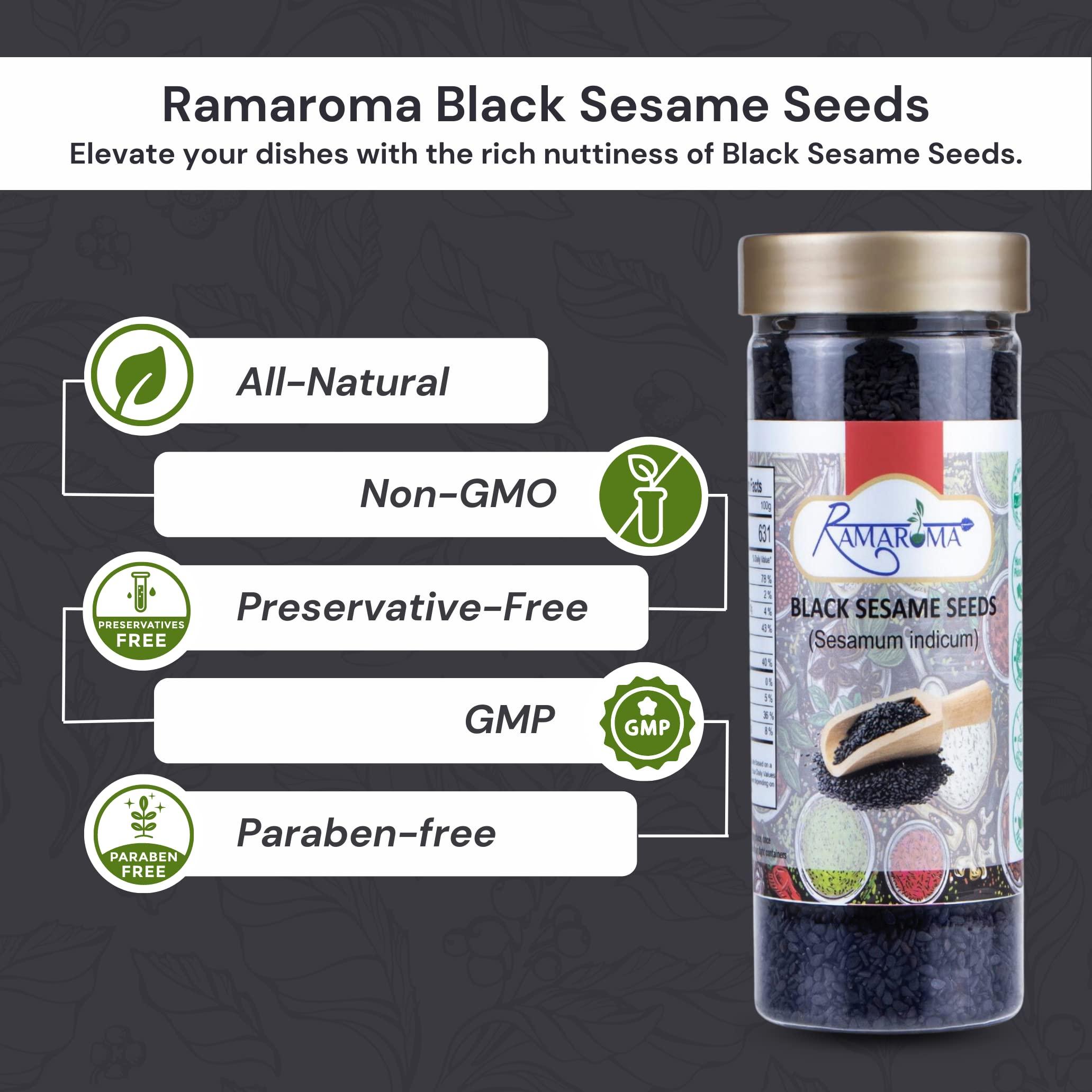 Ramaroma Ramaroma, Organic Black Sesame Seeds (100g/3.5oz) Non-GMO, Vegan | Raw Sesame Seeds | Sesamum indicum | Sesame Seeds Whole Black | Perfect for Stir-fries, Salads, Baking & Cooking