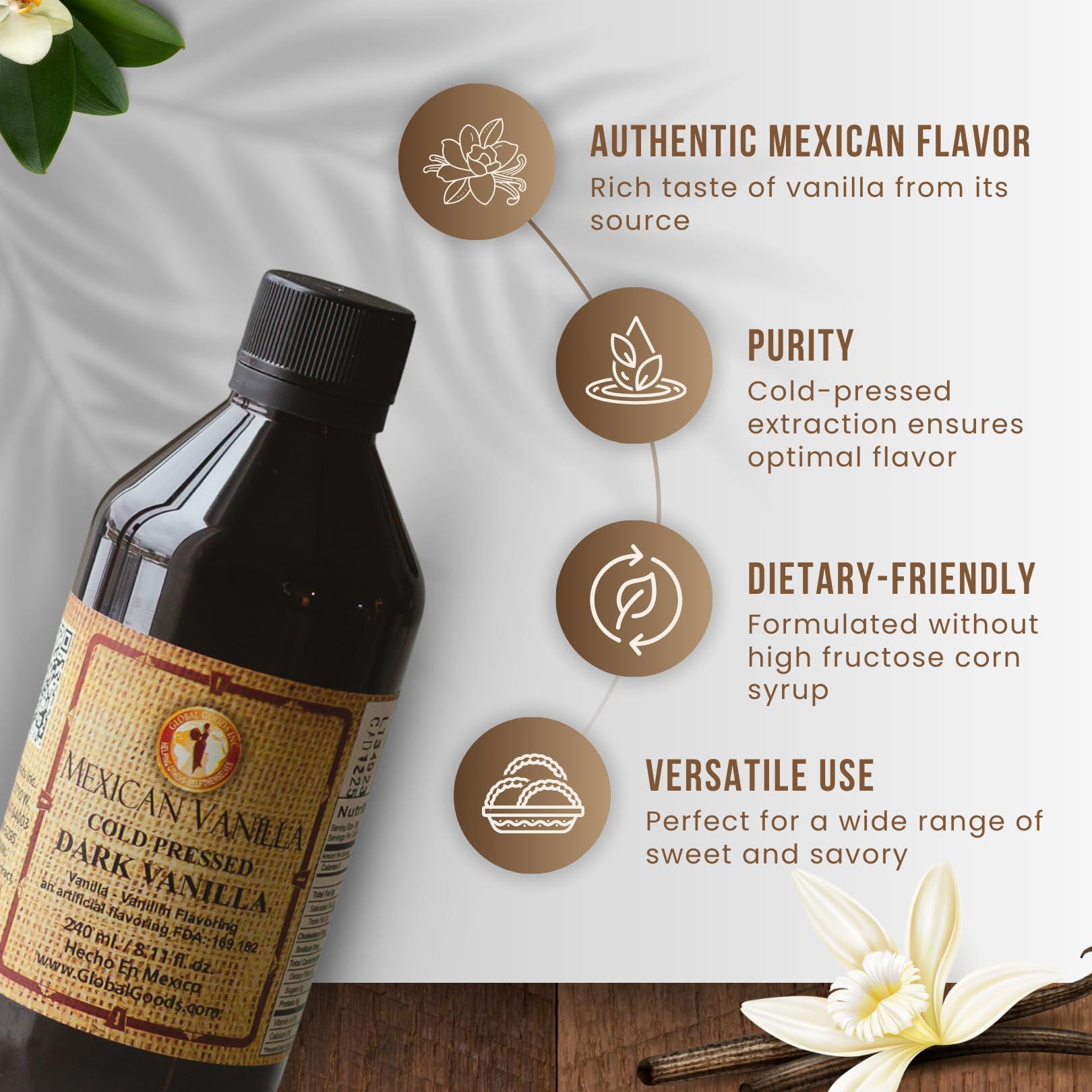 Global Goods Inc. Helping Others Help Themselv Pure Dark Mexican Vanilla Extract Gluten-Free Vanilla for Baking, Cakes, Cookies, Desserts, Coffee & Beverages (8.12 fl oz) Natural, No Coumarin, Bold Flavor