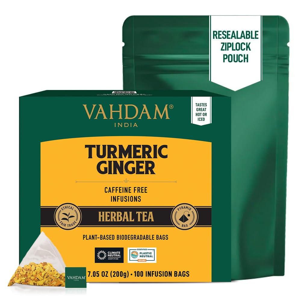 VAHDAM VAHDAM, Turmeric Ginger Herbal Tea Bags (100 Pyramid Tea Bags) Caffeine Free, Non GMO, Gluten Free | 100% Pure Herbal Blend - Savory & Spicy | Plant-Based Tea Bags | Resealable Ziplock Pouch