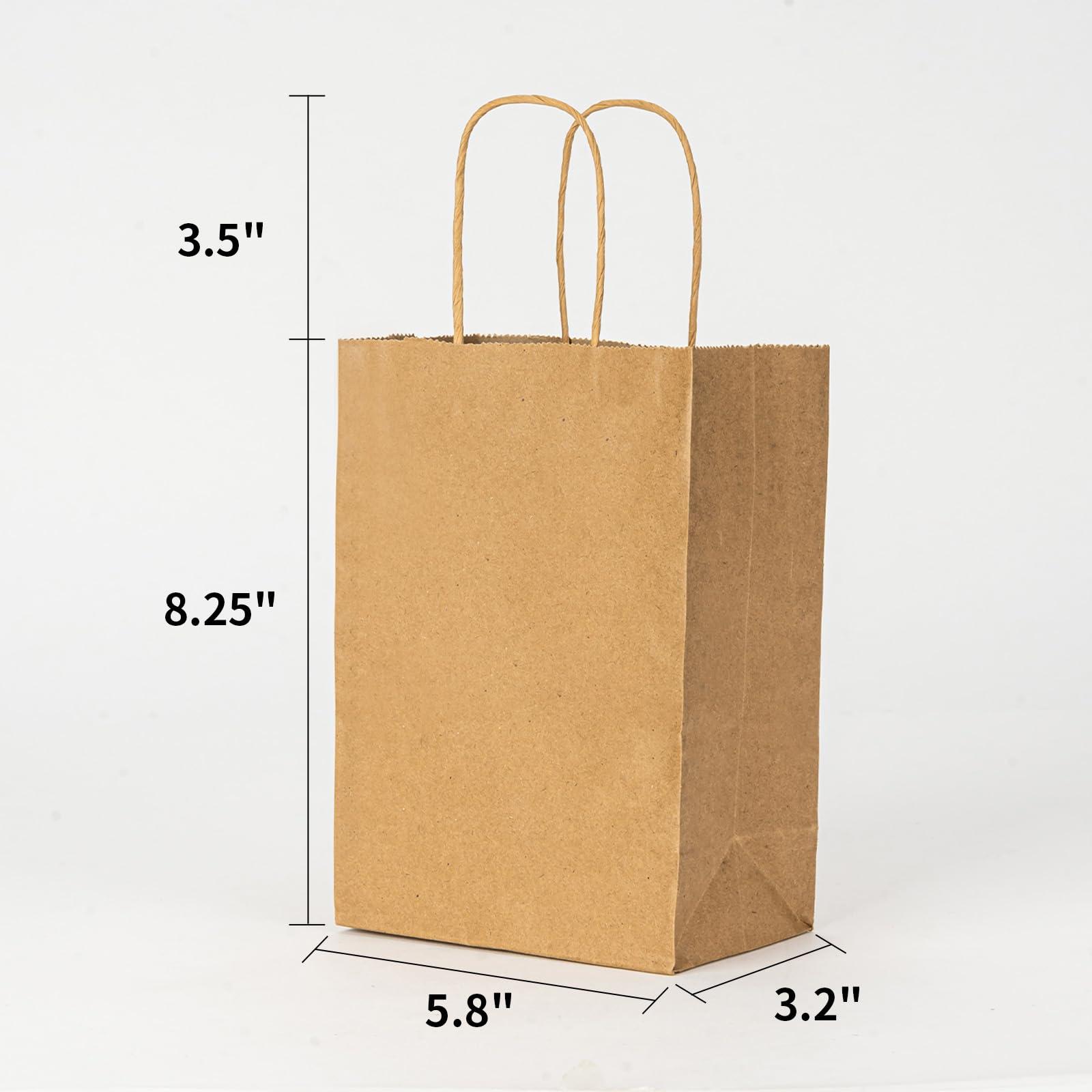 METAPRINT 300 PCS Custom Printed Kraft Paper Bags for Small Business, 5.8*3.2*8.25 Inch Small Size, Personalized Retail Gift Bags with Logo, Brown White Shopping Paper bag with Handle, Goodie Bags