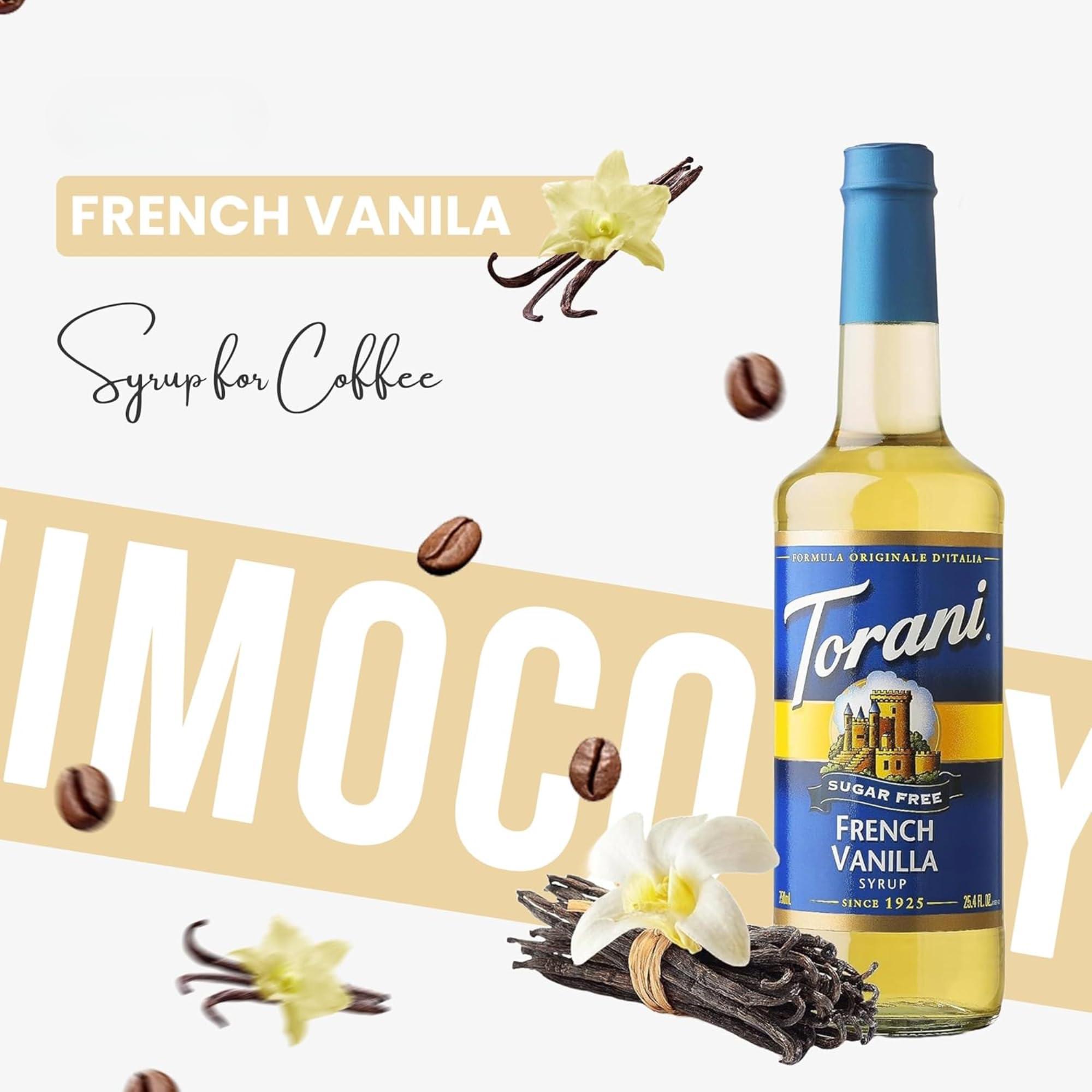 Jimoco Torani Sugar Free French Vanilla Syrup for Coffee 25.4 Ounces Coffee Syrups and Flavors with Jimoco Pump Syrup Dispenser