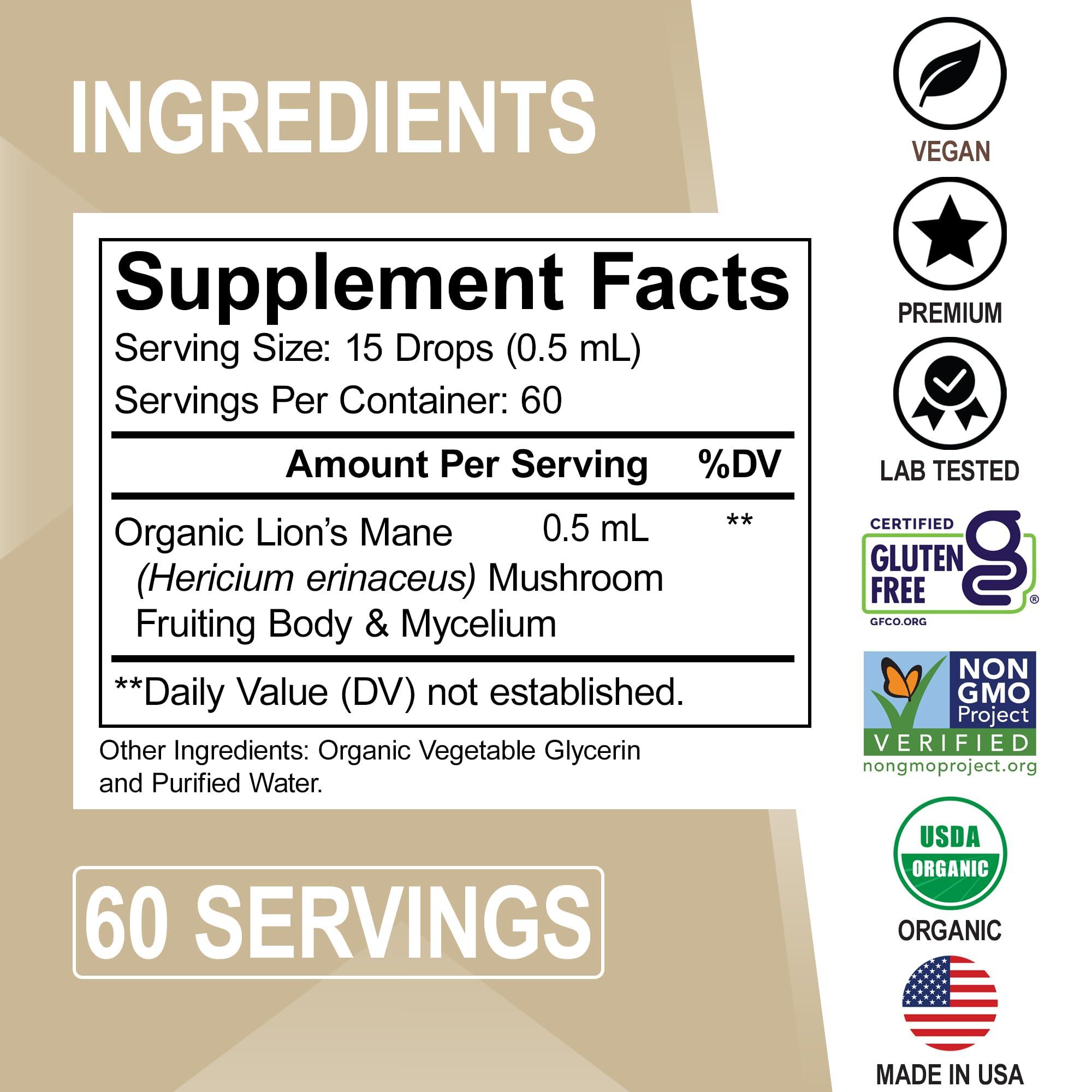 DR. BO Lions Mane Mushroom Supplement Drops - Organic Lion\'s Mane Mushroom Liquid Tincture for Focus, Fog Brain Health Supplements - Vegan Herbal Nervine Nootropic Organic Lions Liquid Supplement Extract 1oz