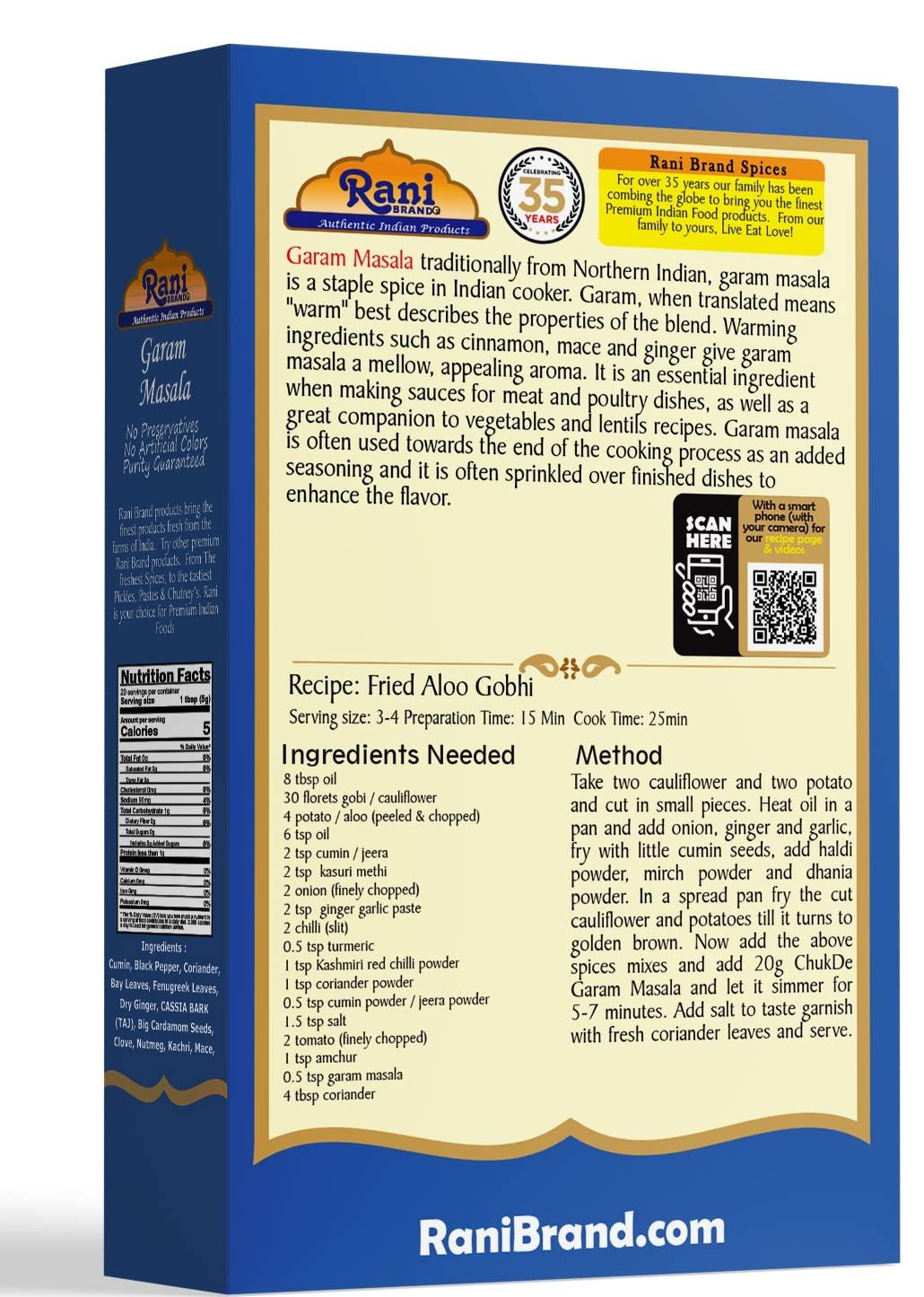 Rani Brand Authentic Indian Products Rani Garam Masala Indian 11-Spice Blend 3.5oz (100g) Box Spice ~ All Natural, Salt-Free | Vegan | No Colors | Gluten Friendly | NON-GMO | Indian Origin