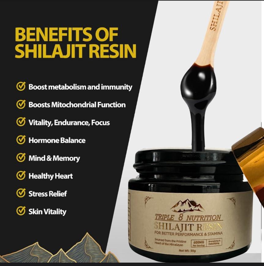 Triple 8 Nutrition Shilajit Resin 50g Bottle Absolutely Pure Wild Himalayan Authentic Natural Organic Fulvic Acid and 85+ Trace Minerals Most Potent for Men and Women Third Party Lab Tested ISO: 17025 Accredited USA