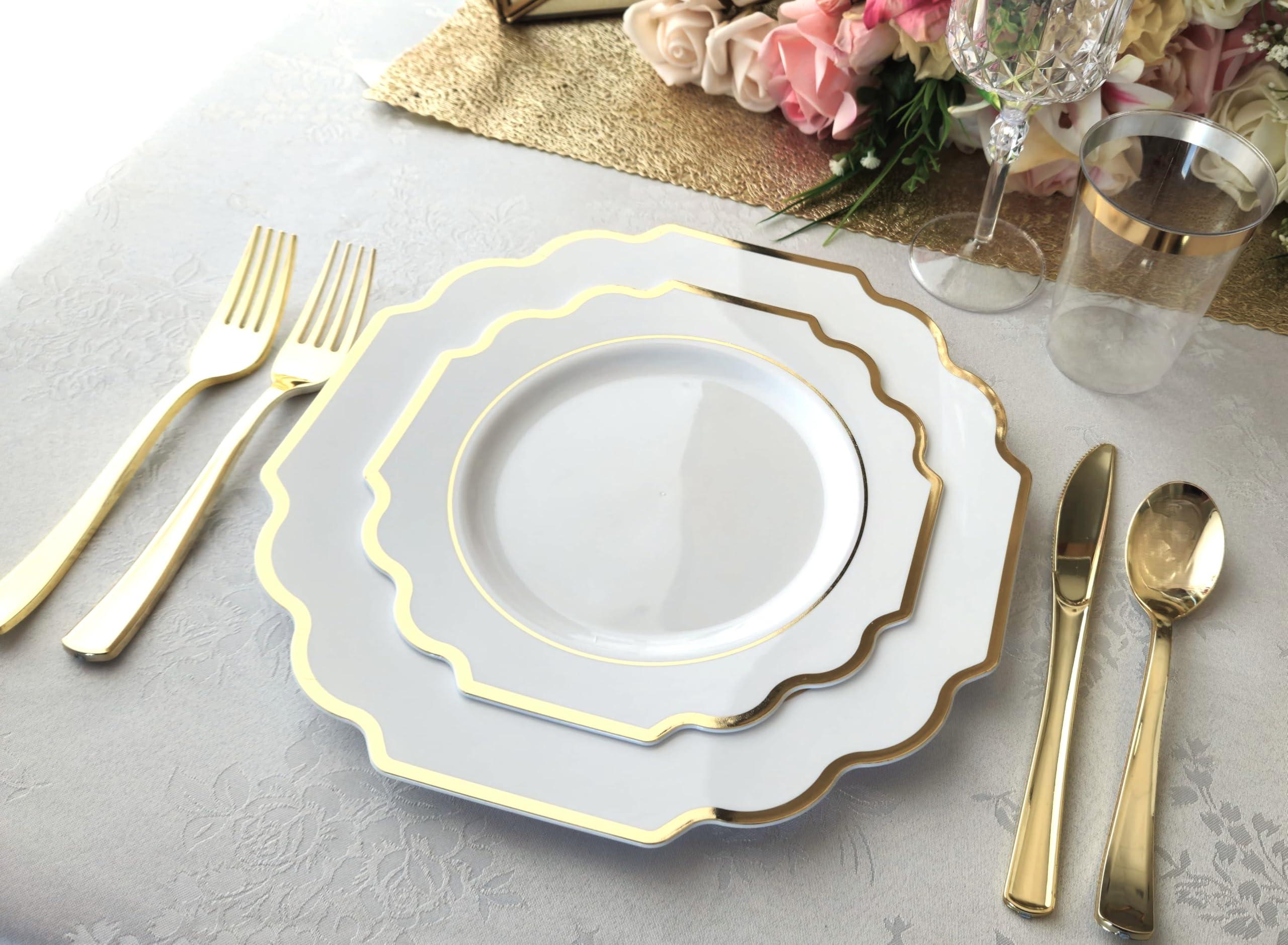 OCCASIONS FINEST PLASTIC TABLEWARE " OCCASIONS " 120 Plates Pack, Heavyweight Disposable Wedding Party Plastic Plates (8'' Appetizer/Dessert PlateImperial in White & Gold)