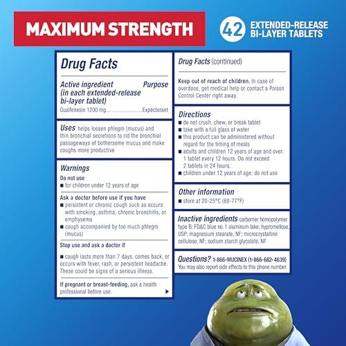 Mucinex Mucinex 12 Hour Maximum Strength 1200 mg Guaifenesin Extended-Release Tablets for Excess Mucus Relief, Expectorant Aids Excess Mucus Removal, Chest Congestion Relief, 42 Tablets