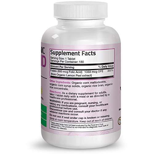 Bronson Bronson Organic Folic Acid (Vitamin B9 Folate) 800 mcg Natural Folate from Lemon Peel, 180 Tablets