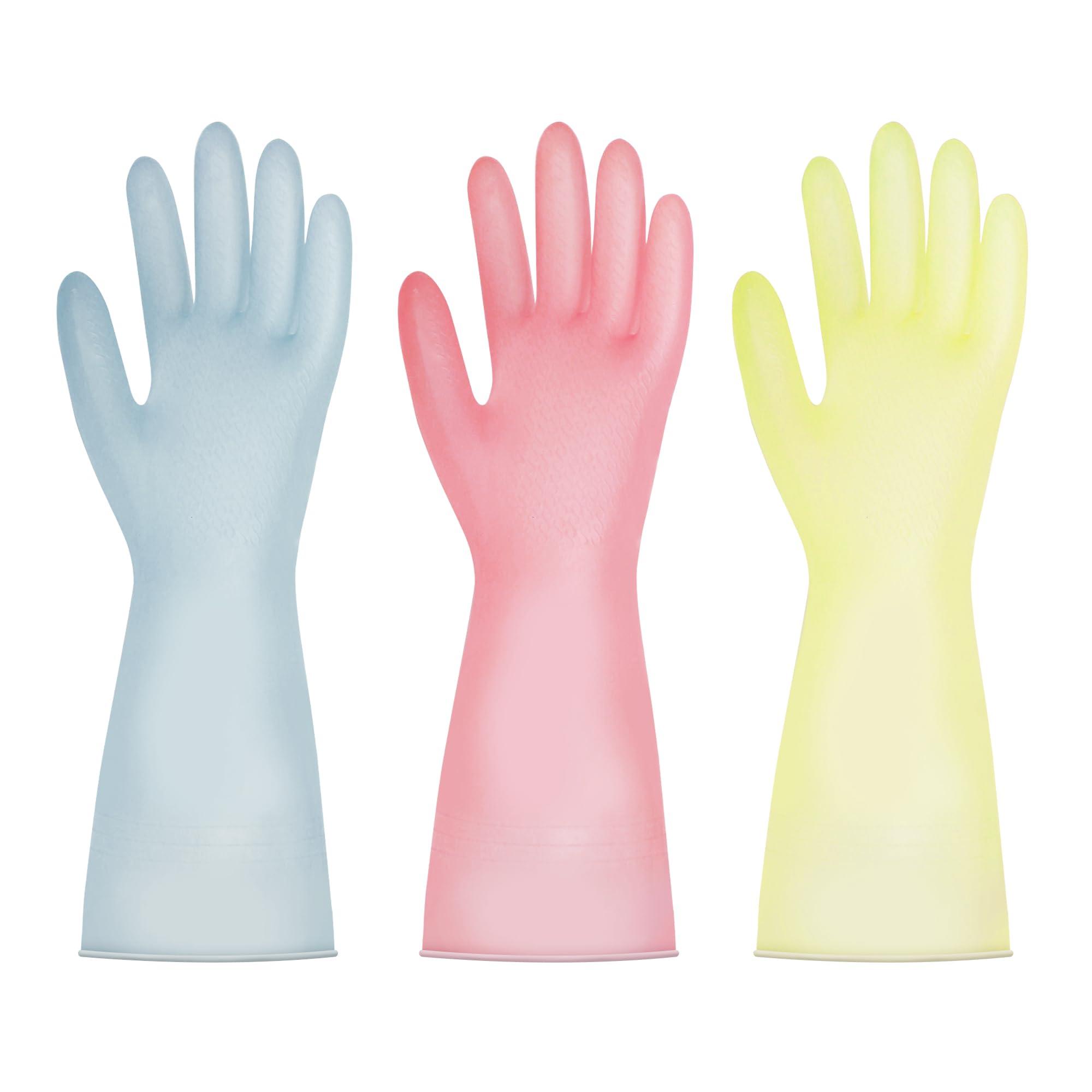 BOOMJOY BOOMJOY PVC Cleaning Gloves, Heavy Duty Dishwashing Gloves, Reusable Medium Gloves for Kitchen, Bathroom, Gardening, Working, Pet Care - Pink & Blue & Yellow, 3 Pairs, Size M