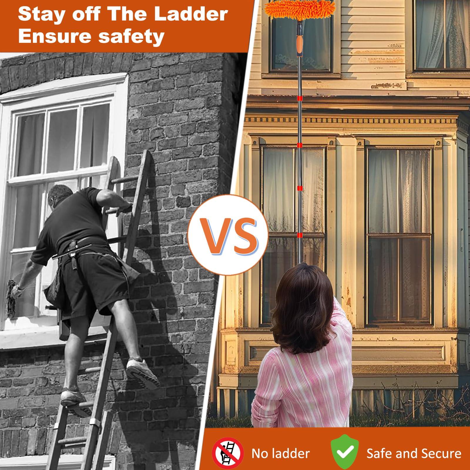 Tonmp 20+ Feet High Reach Duster Kit with 3-14 ft Extension Pole // High Ceiling Dusting and Window Cleaning Kit with Spliceable Pole - Window Washer & Squeegee, Cobweb Duster, Fan Blade and Feather Dusters