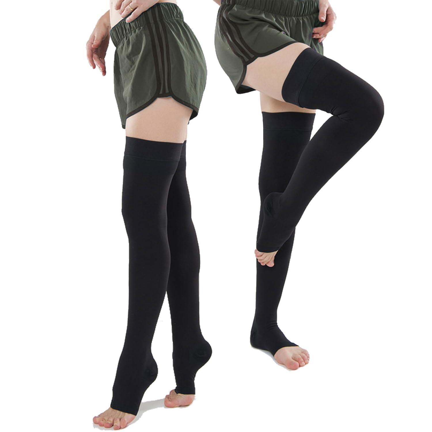 Cyxunand Anti Embolism Ted Hose Thigh High 20-32 mmHg Compression Stocking Toeless,Compression Socks Support for Women & Men (XL, Black(Toeless ))