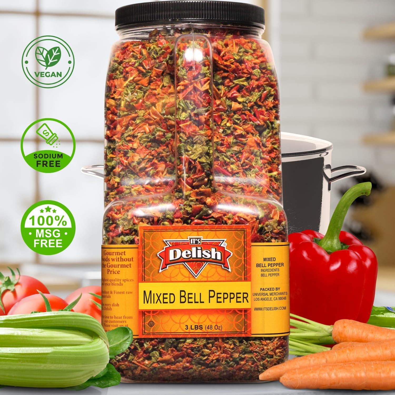 It's Delish Dehydrated Dried Red and Green Bell Peppers Mix by It's Delish 48 Oz (3 lbs) Restaurant Gallon Size Jug With handle Sealed to Maintain Freshness Chopped & Dried Vegetable Spice Seasoning